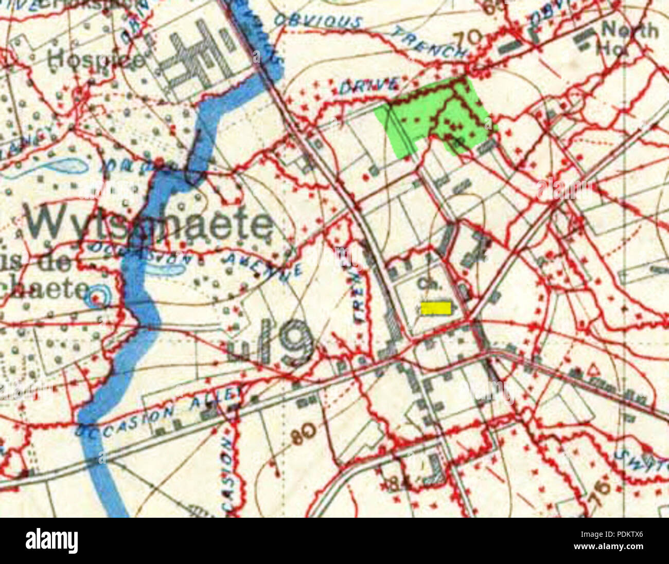 22 Battaglia di Messines - pianificazione mappa ritagliato mit Ort Wytschaete Foto Stock