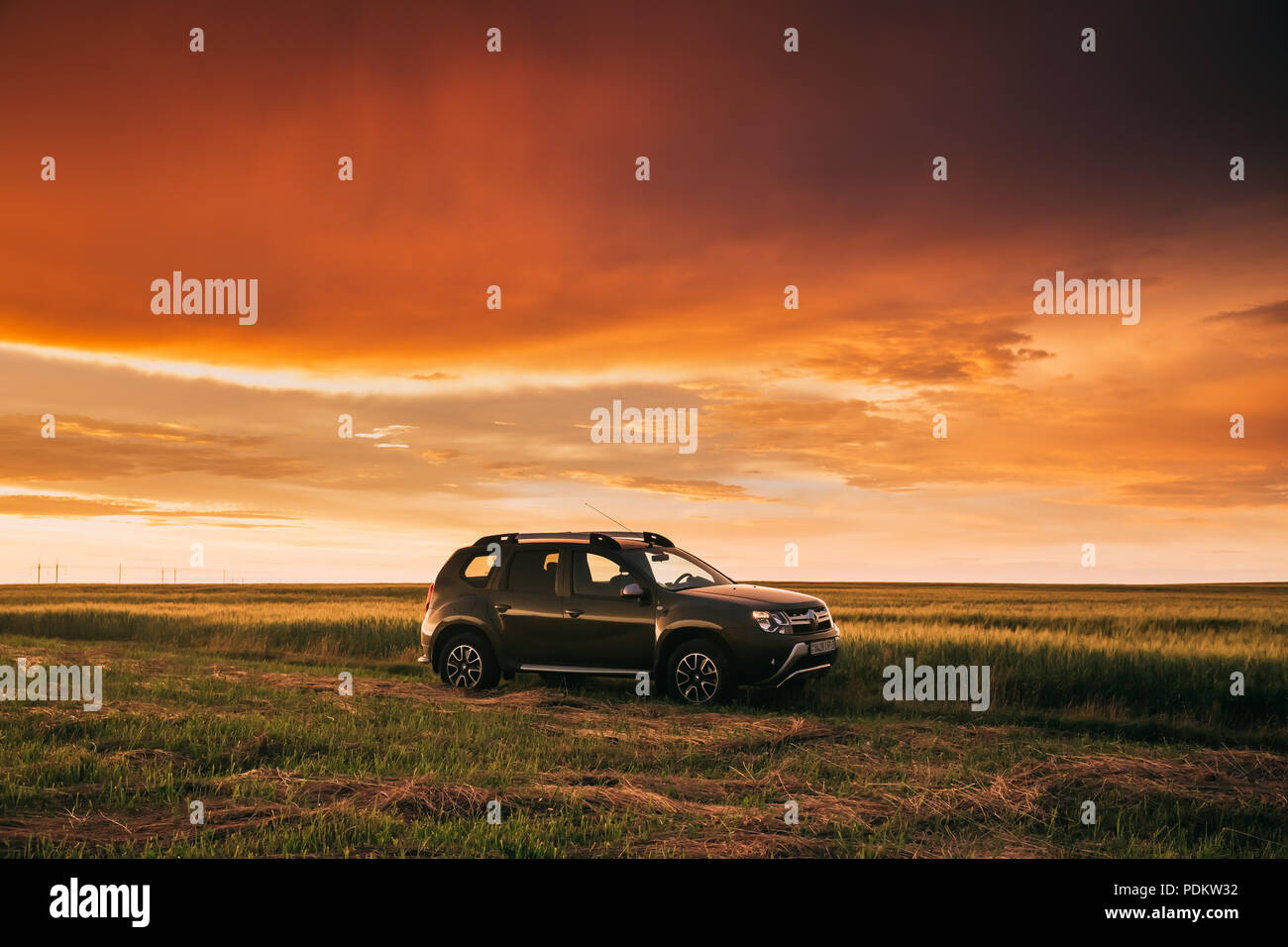 Gomel, Bielorussia - Giugno 22, 2018: auto Renault Duster o Dacia Duster Suv in strada attraverso Estate Campo di grano in un tramonto meraviglioso tempo. Duster prodotta Join Foto Stock