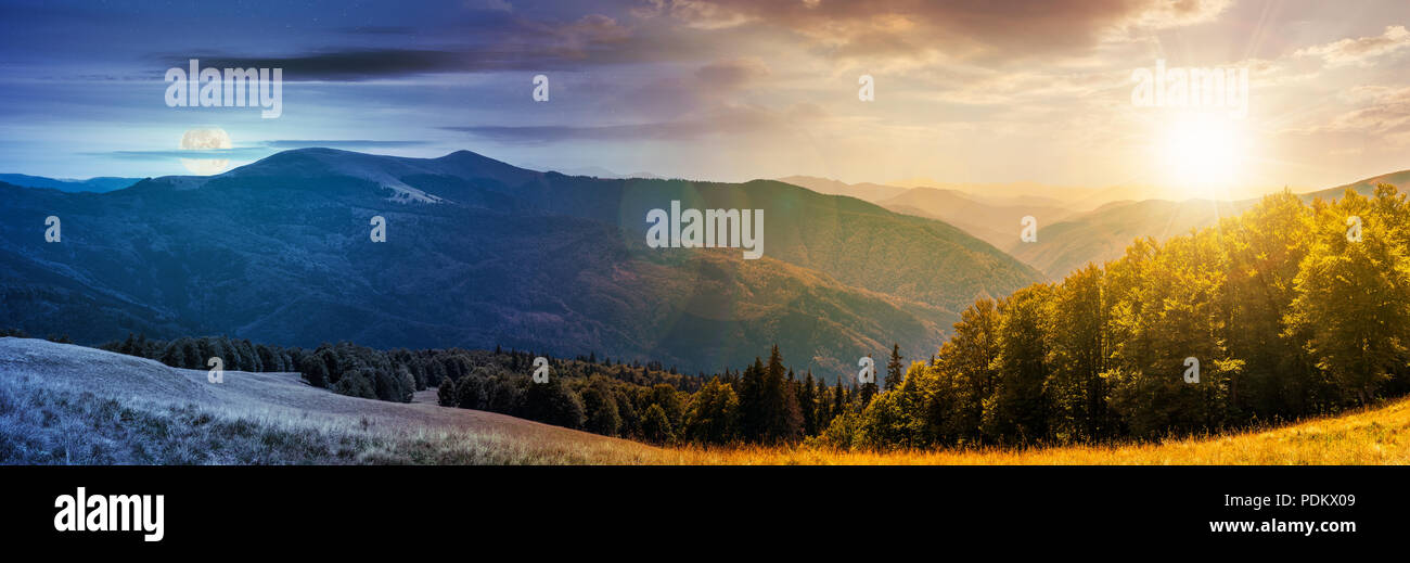 Panorama di un giorno alla notte cambia concetto nel paesaggio montuoso. incantevole paesaggio estivo Foto Stock