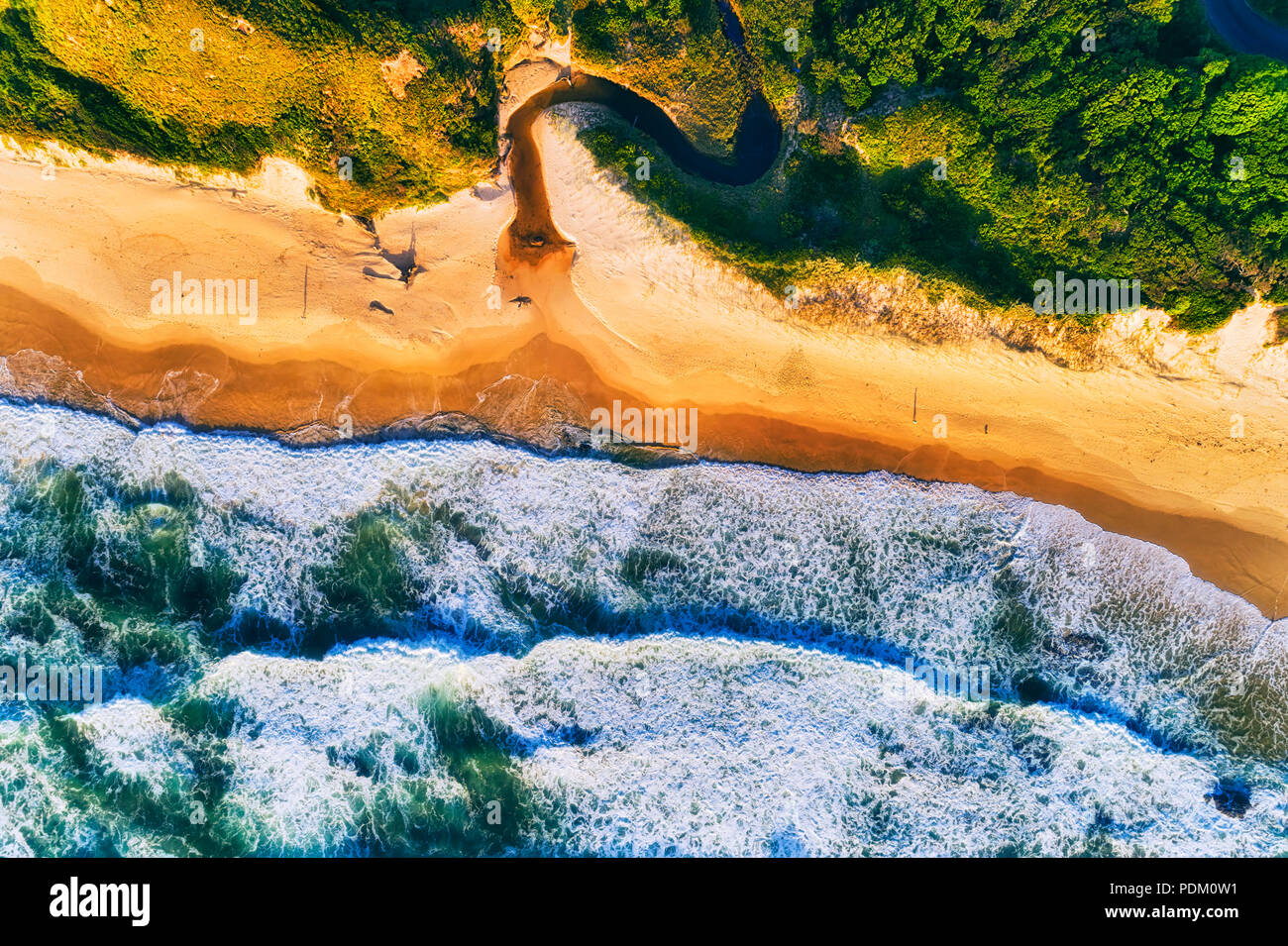 Le onde di laminazione colpendo appartata Shelly sabbiosa spiaggia di Nambucca capi città in Australia NSW Costa Nord durante il bel tempo in morbida luce mattutina. Foto Stock