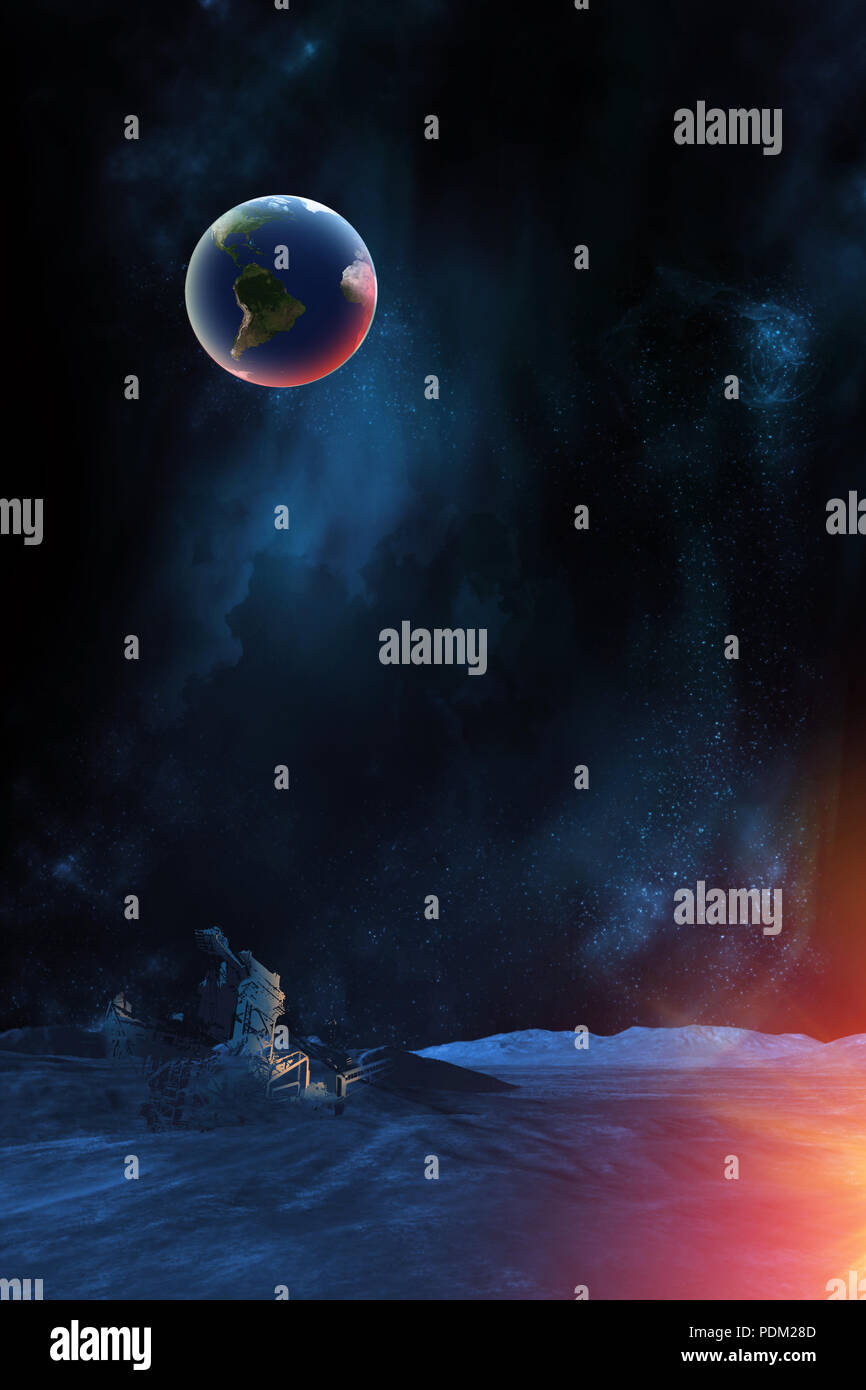 Celeste arte digitale, impianto di messa a terra dalla superficie della luna viewpoint, le stelle e le galassie nello spazio esterno che mostra la bellezza di esplorazione spaziale. Testo Planet Foto Stock