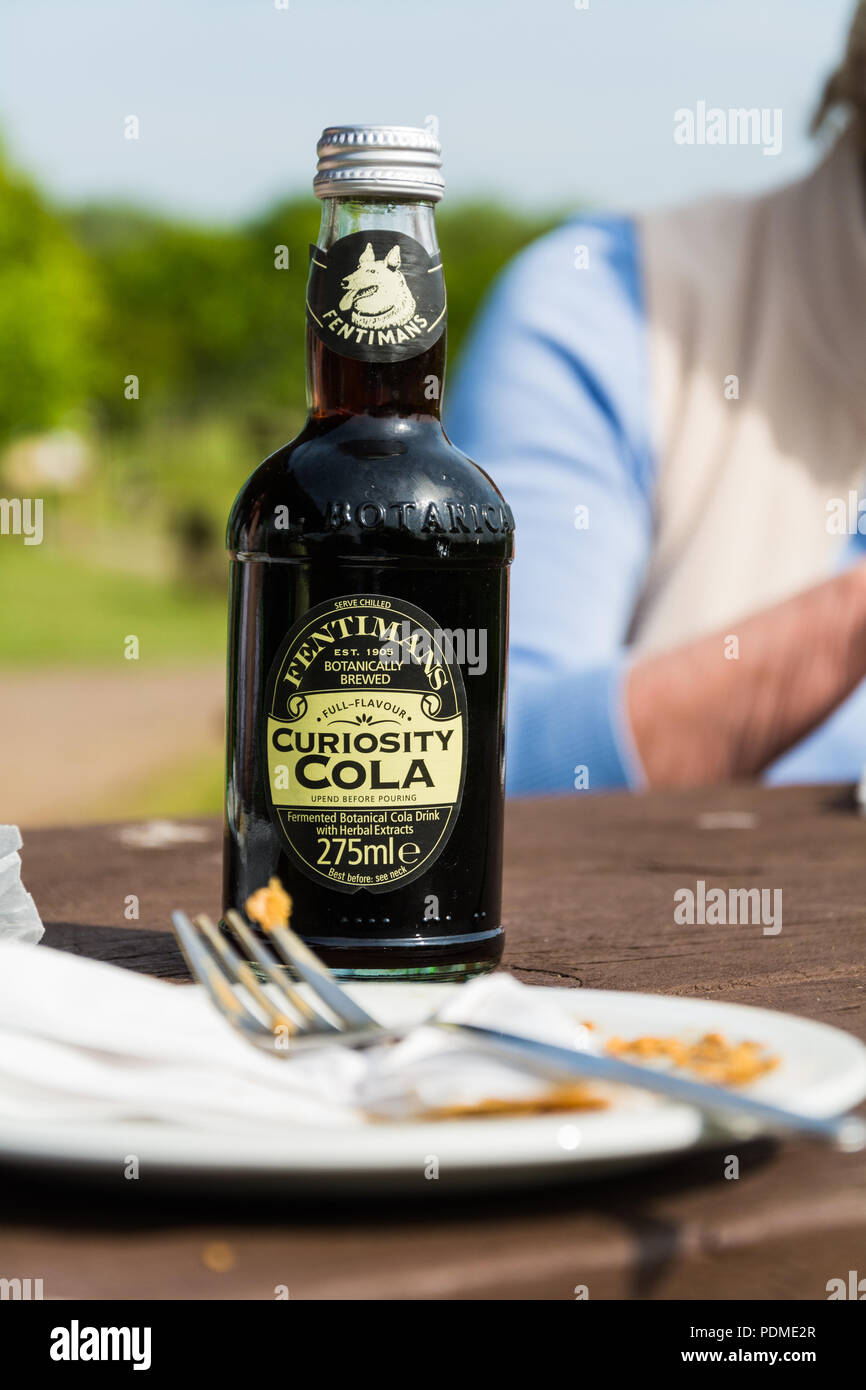 Una bottiglia di Fentimans curiosità Cola su un tavolo da picnic. Foto Stock