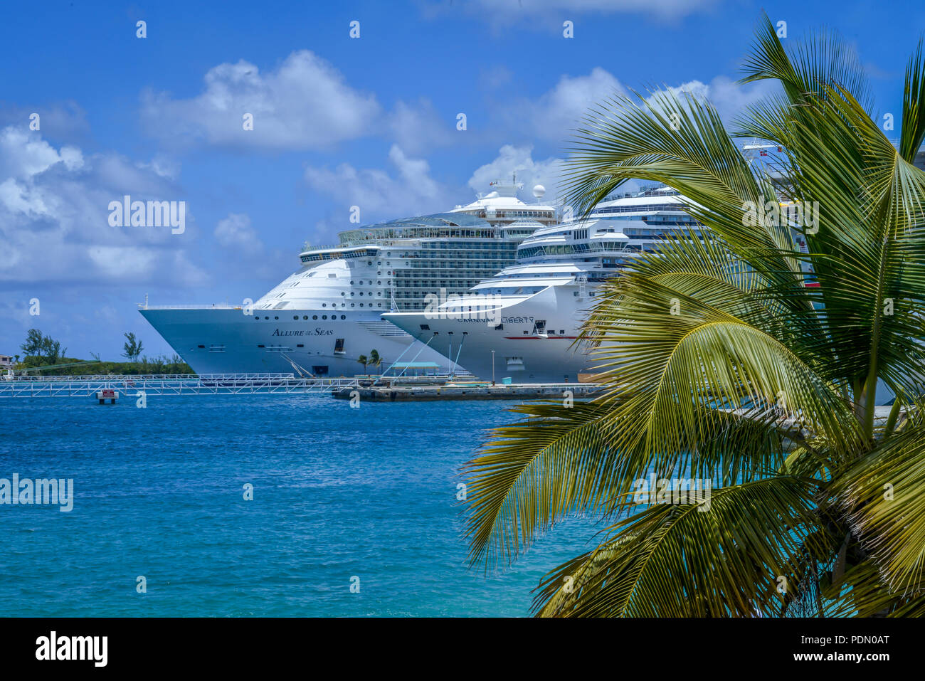 Due navi da crociera sul dock fianco a fianco e il palm tree nei Caraibi Porto di Nassau Bahamas Foto Stock