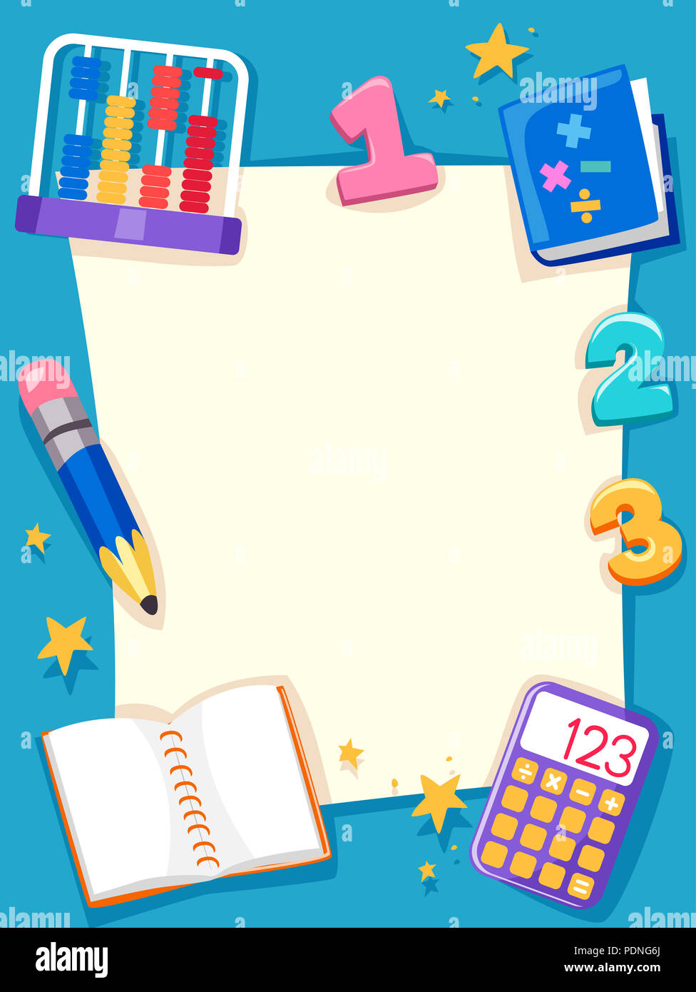 Illustrazione dello sfondo di un abaco, numeri, Notebook e calcolatrice attorno a una carta vergine Foto Stock