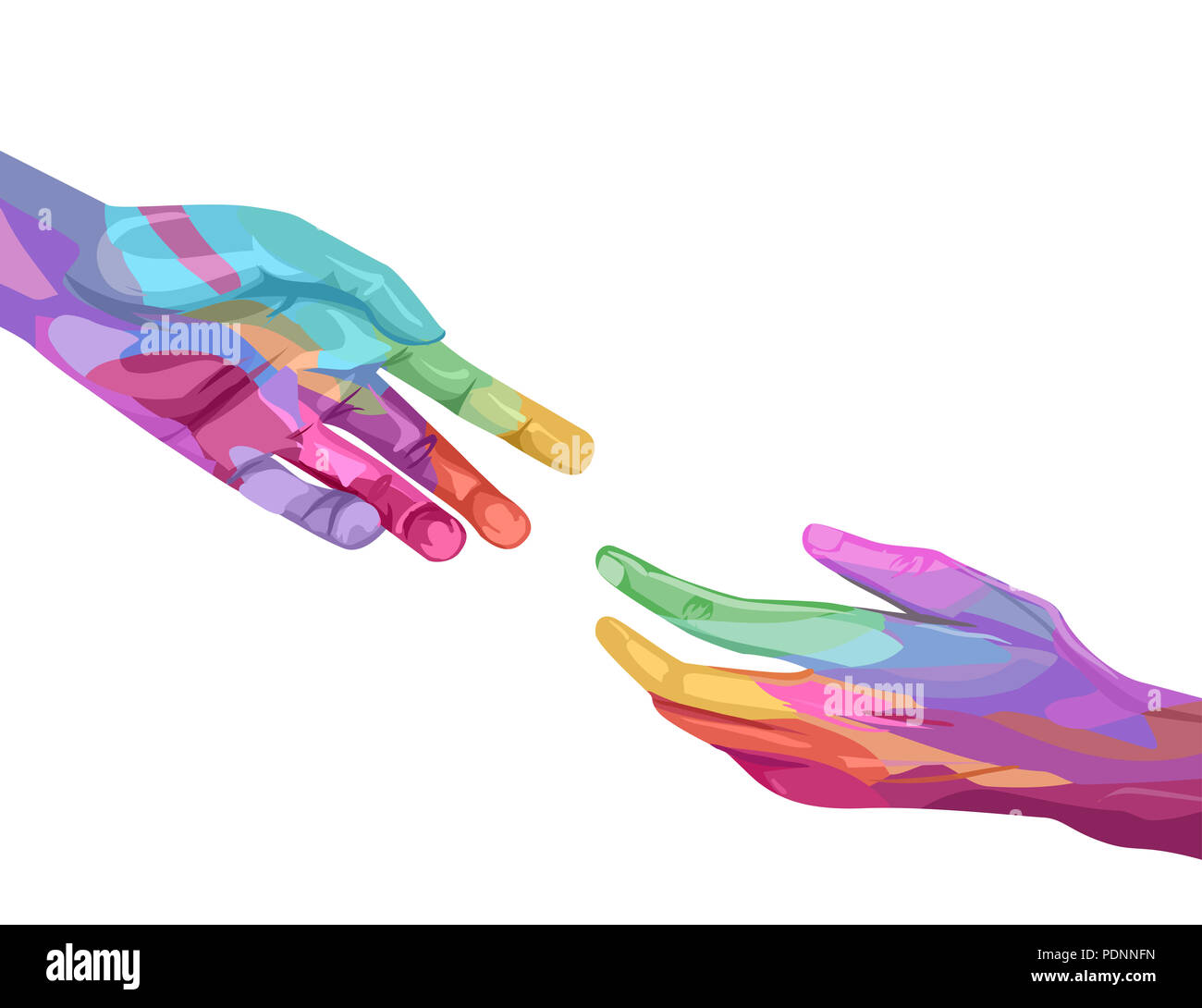 Illustrazione delle mani in arcobaleno di colori per raggiungere ogni altro Foto Stock