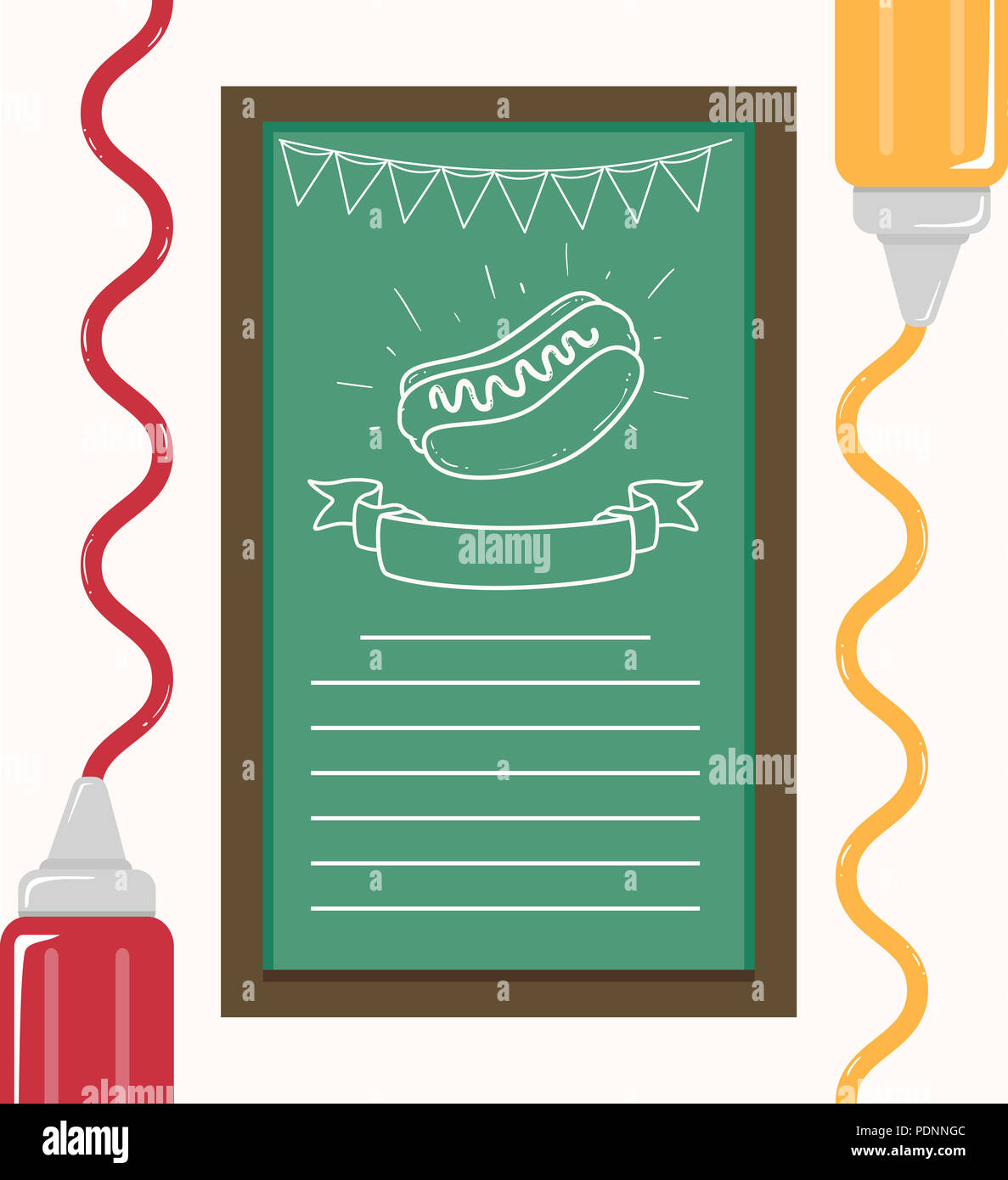 Illustrazione di un hotdog panino schizzo su lavagna con Pennant Bandiera, nastro e spazio per il testo. Il ketchup e l mostarda Foto Stock