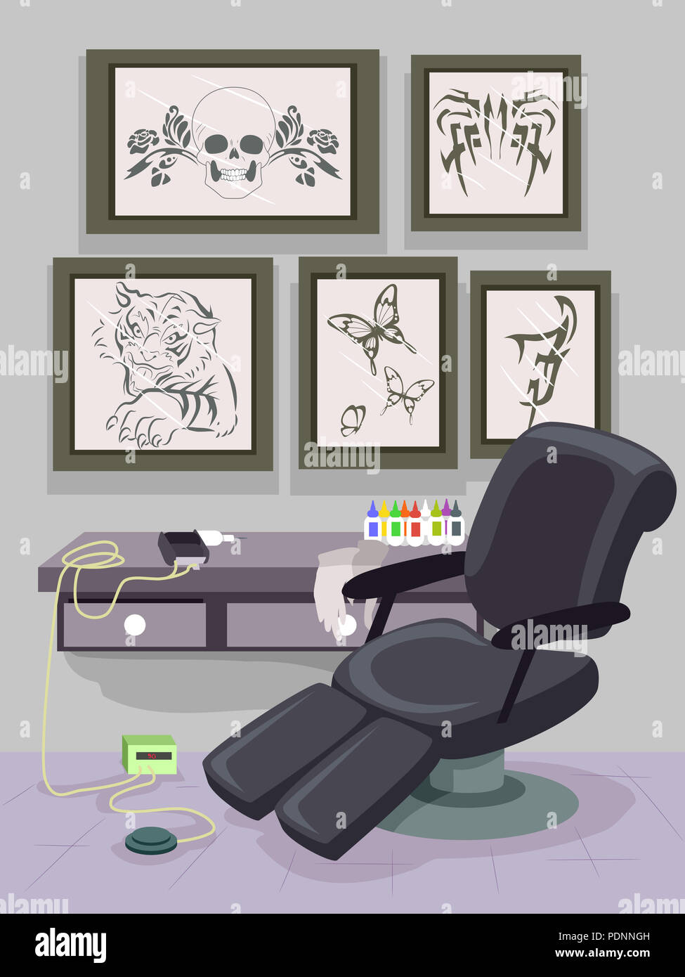 Illustrazione della parte interna di un Tattoo Shop con mostra dei disegni e dei modelli in frame, sedia, Dermografo, interruttore a pedale e degli inchiostri Foto Stock