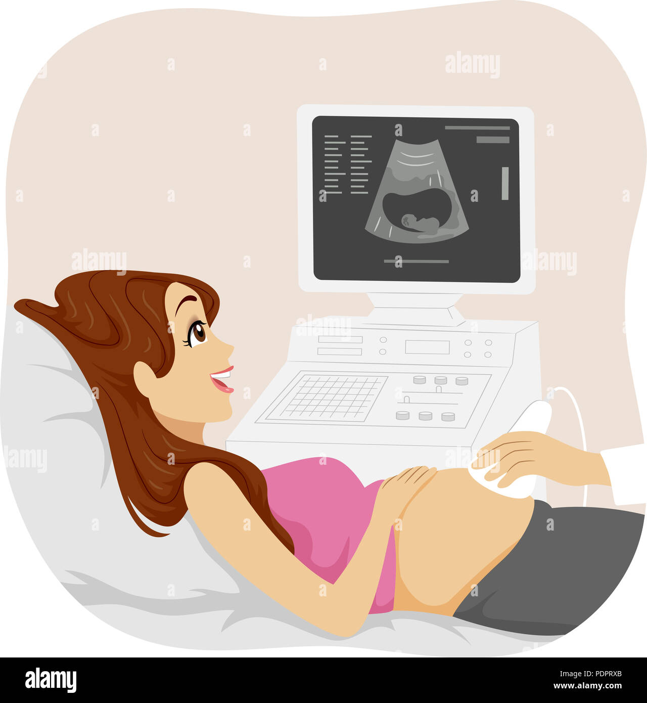 Illustrazione di una giovane ragazza incinta avente il suo ecografo Foto Stock