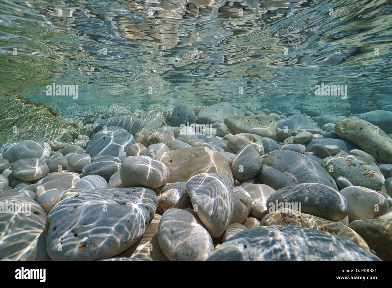 Di ghiaia e rocce al di sotto della superficie dell'acqua in acqua poco profonda nel mare Mediterraneo, scena subacquea, Javea , Alicante, Valencia, Spagna Foto Stock