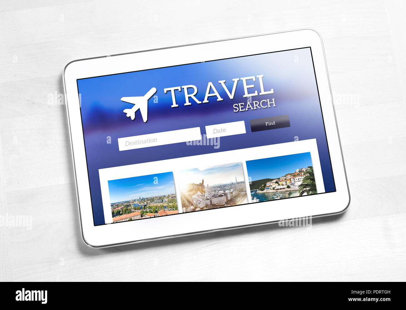 La ricerca di viaggi applicazione o sito web su tablet schermo. App per trovare voli economici, hotel o pacchetto vacanza su internet. Agenzia di viaggi online pagina web. Foto Stock