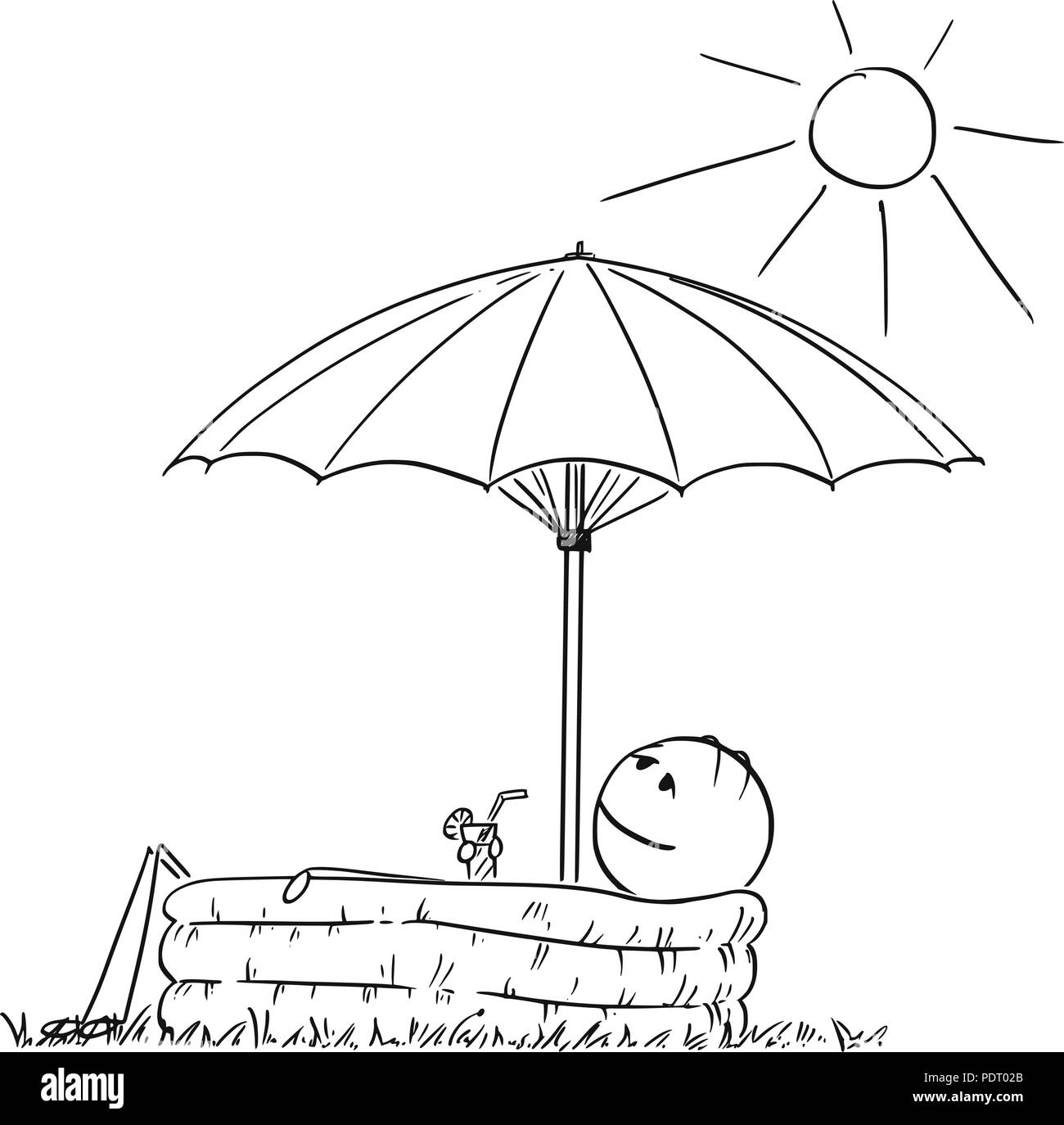 Cartoon dell uomo per godere nella piscina gonfiabile sotto ombrellone con drink in mano Illustrazione Vettoriale