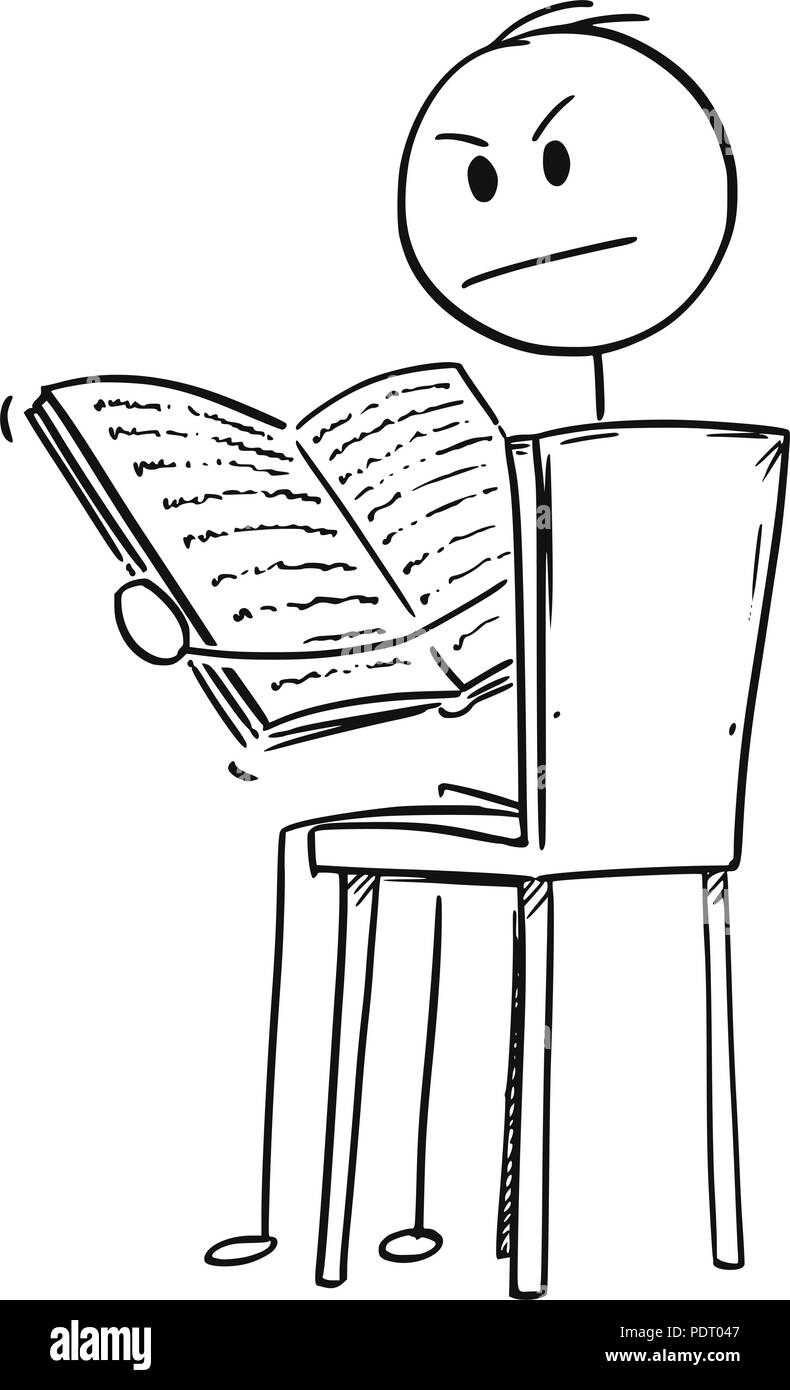 Cartoon di infastiditi uomo seduto su una sedia e la lettura di un libro Illustrazione Vettoriale