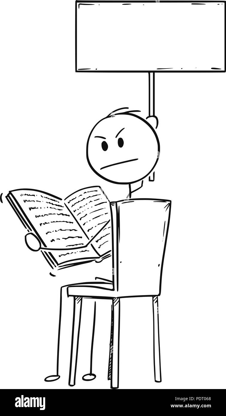 Cartoon di infastiditi uomo seduto su una sedia e la lettura di un libro e tenendo premuto segno di vuoto Illustrazione Vettoriale
