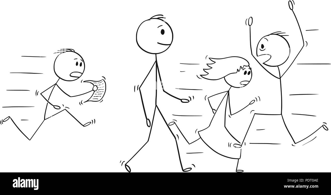 Cartoon di fiduciosa uomo o imprenditore camminando lentamente con persone di fretta in stress circa Illustrazione Vettoriale