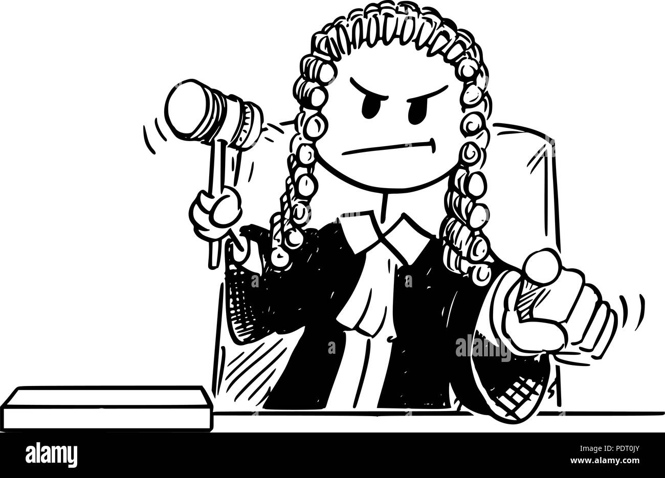 Cartoon di giudicare con martello puntando il dito Illustrazione Vettoriale