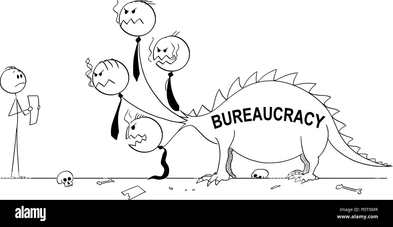 Cartoon di uomo o imprenditore tenendo la carta e rivolta verso la bestia o il Drago della burocrazia. Illustrazione Vettoriale