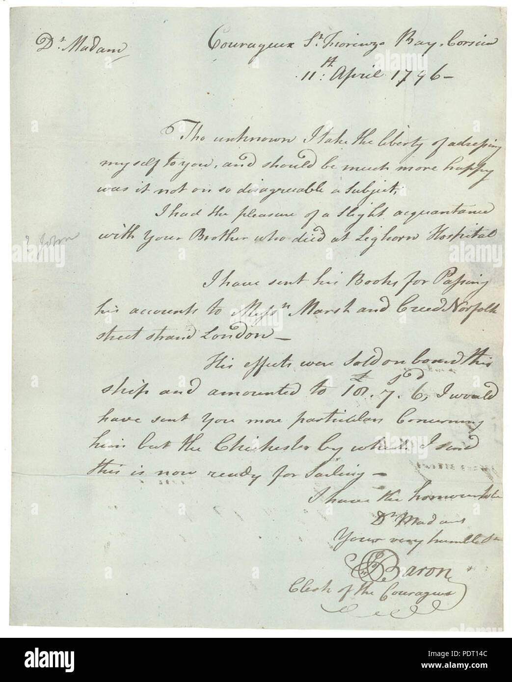189 SLNSW 820655 lettere 1796 Lettera del signor barone di Miss Elizabeth Blackburn la signora Eliza Burrows informandola dei suoi fratelli morte John Blackburn a Livorno Courageux Ospedale San Fiorenzo Bay Corsica 11 Apr 1796 Foto Stock