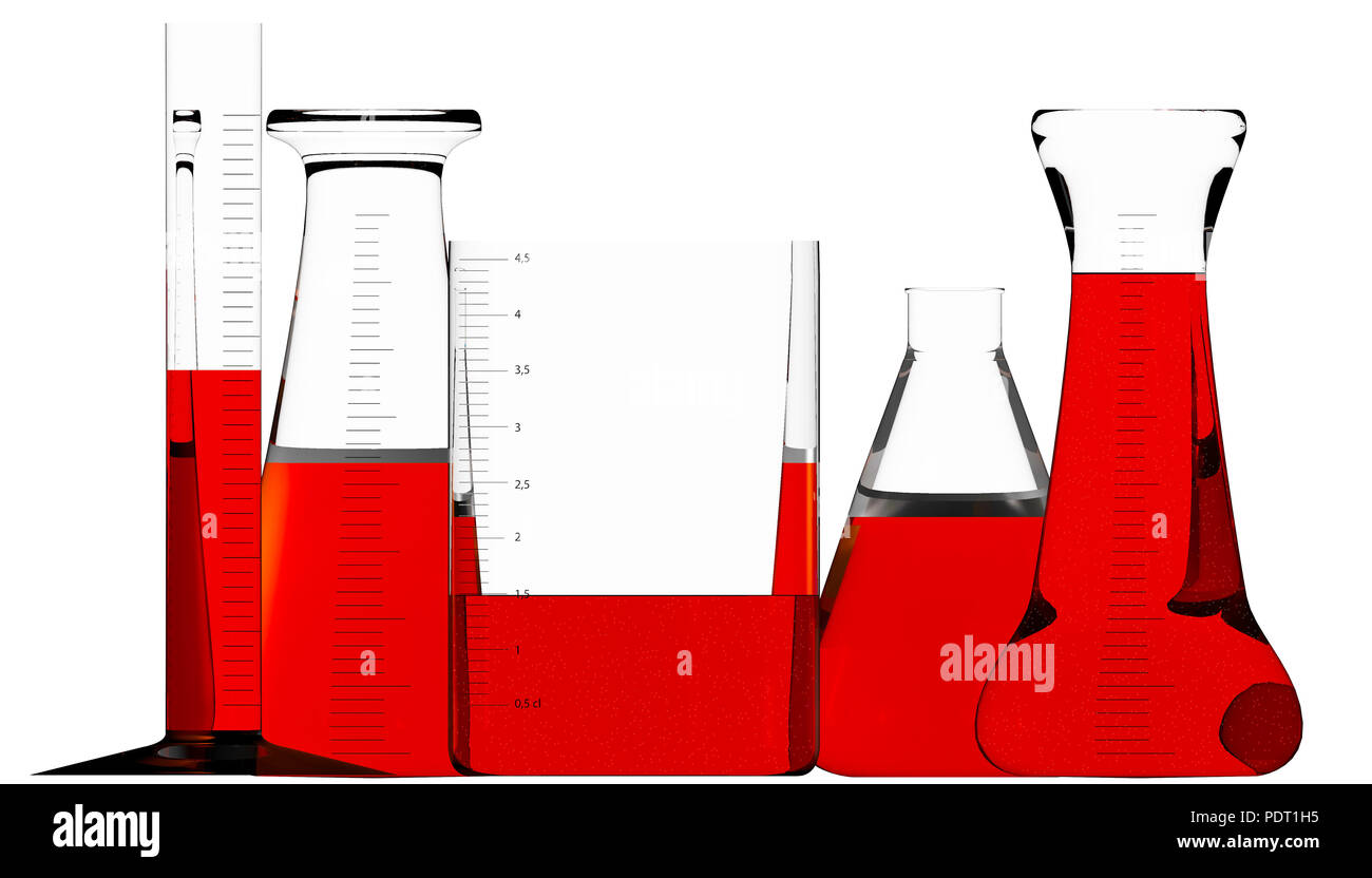 Laboratorio di sangue e di studio, di analisi e di test con i recipienti e contenitori per liquidi Foto Stock