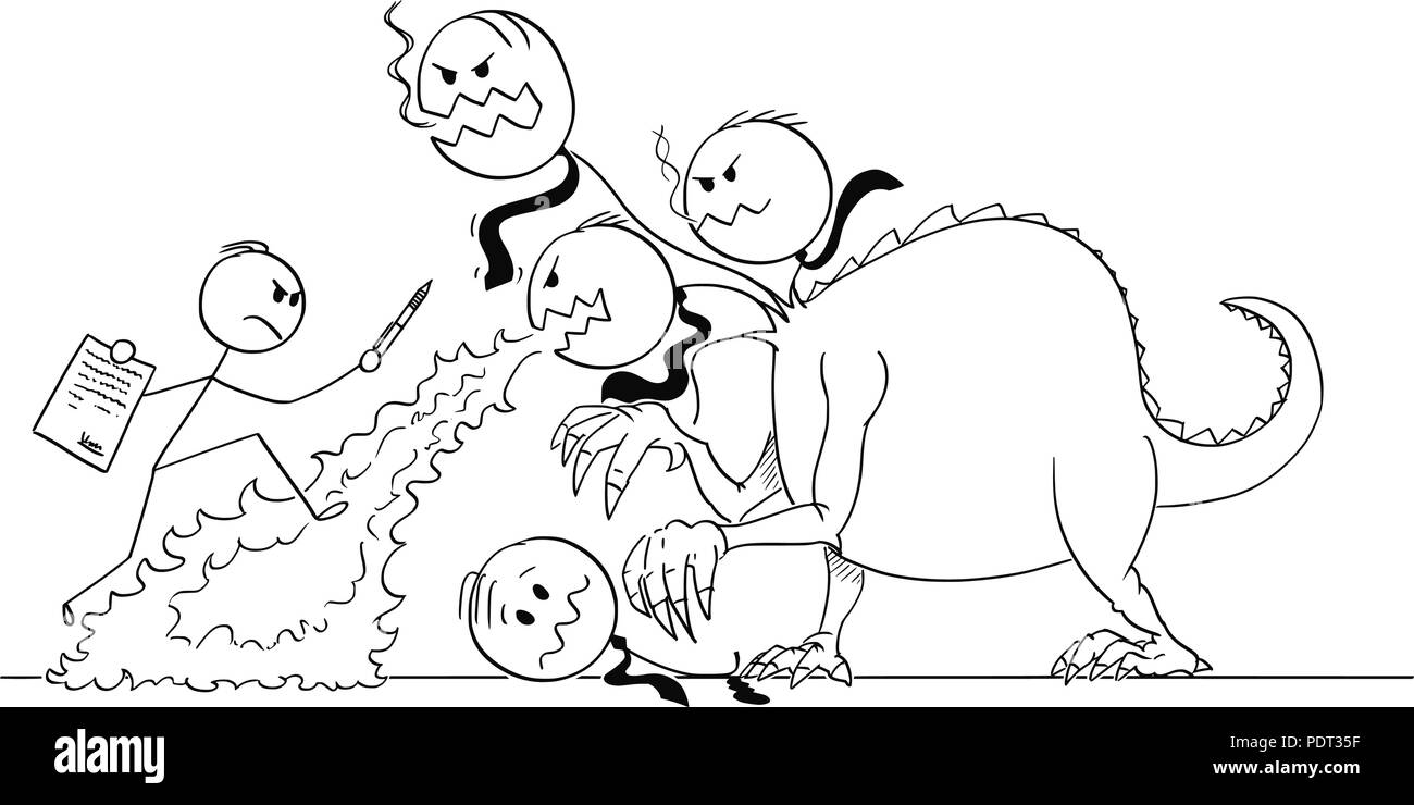 Cartoon di uomo o imprenditore lottando contro la Bestia o mostro o Drago della burocrazia. Illustrazione Vettoriale