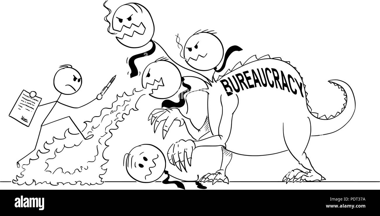 Cartoon di uomo o imprenditore lottando contro la Bestia o mostro o Drago della burocrazia. Illustrazione Vettoriale