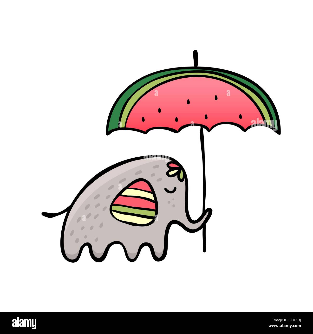 Funny elephant con ombrello.Vettore doodle illustrazione. Illustrazione Vettoriale