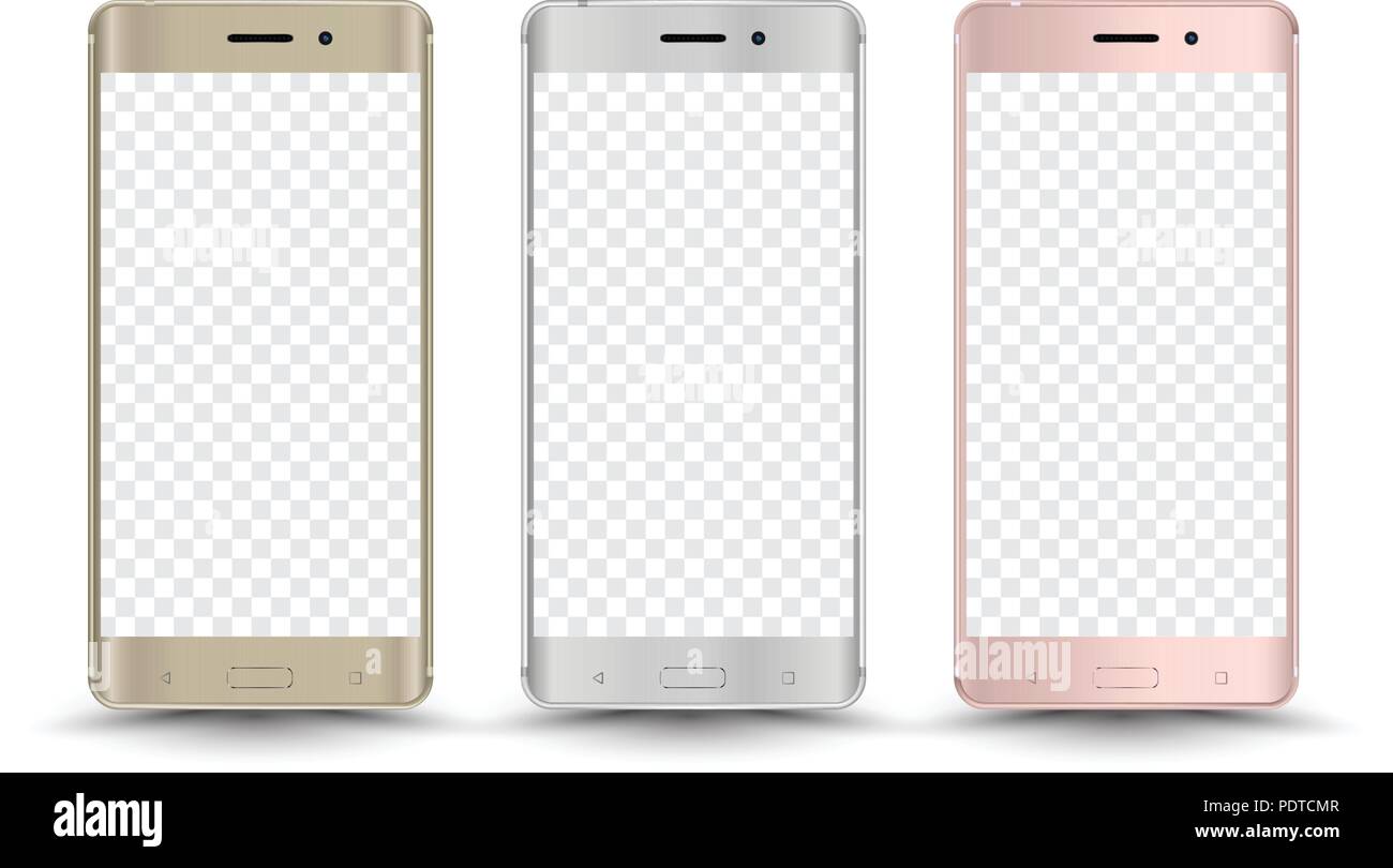 Smartphone Oro Argento Rosa mockups schermo trasparente. Illustrazione Vettoriale. Illustrazione Vettoriale per la stampa, pubblicità e elemento di web, gioco e Illustrazione Vettoriale