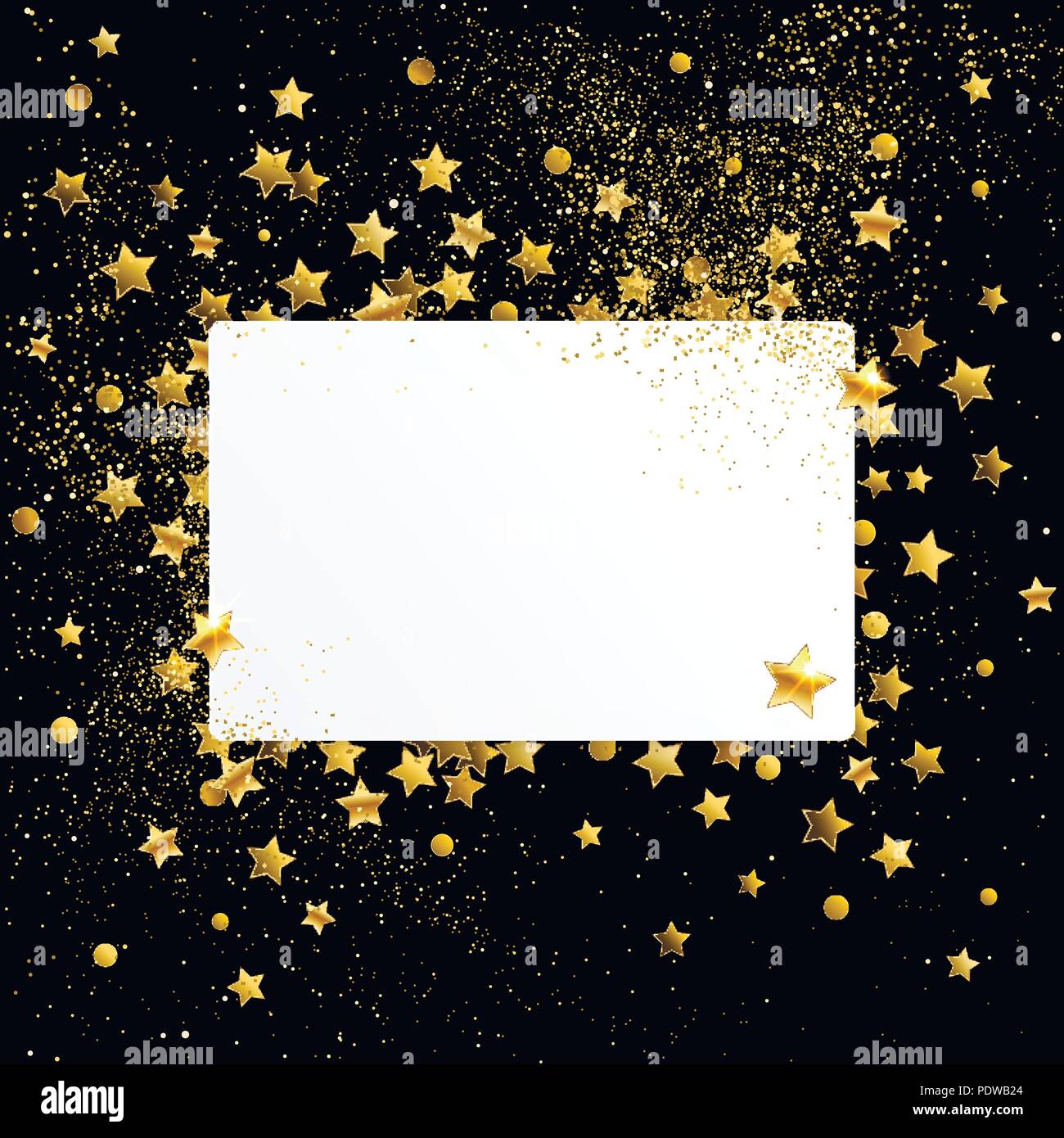 Svuotare striscione bianco con oro coriandoli stelle su uno sfondo nero Illustrazione Vettoriale