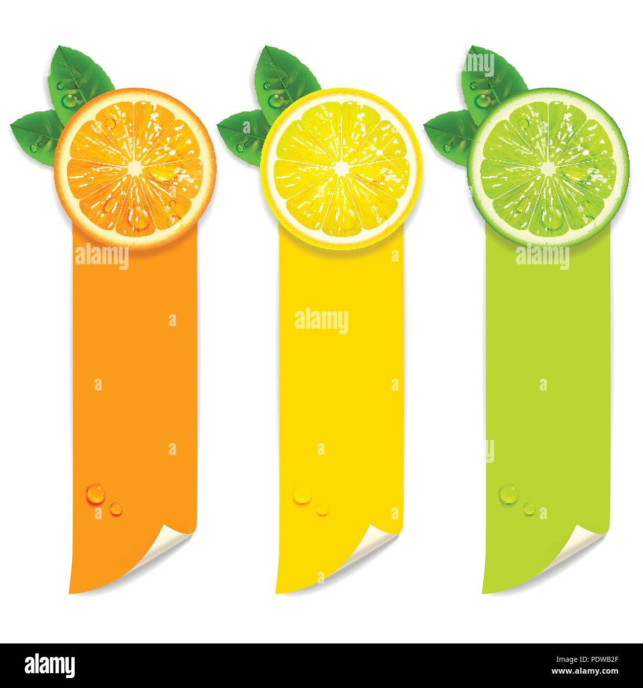 Striscioni con arancio, limone e calce su sfondo bianco Illustrazione Vettoriale