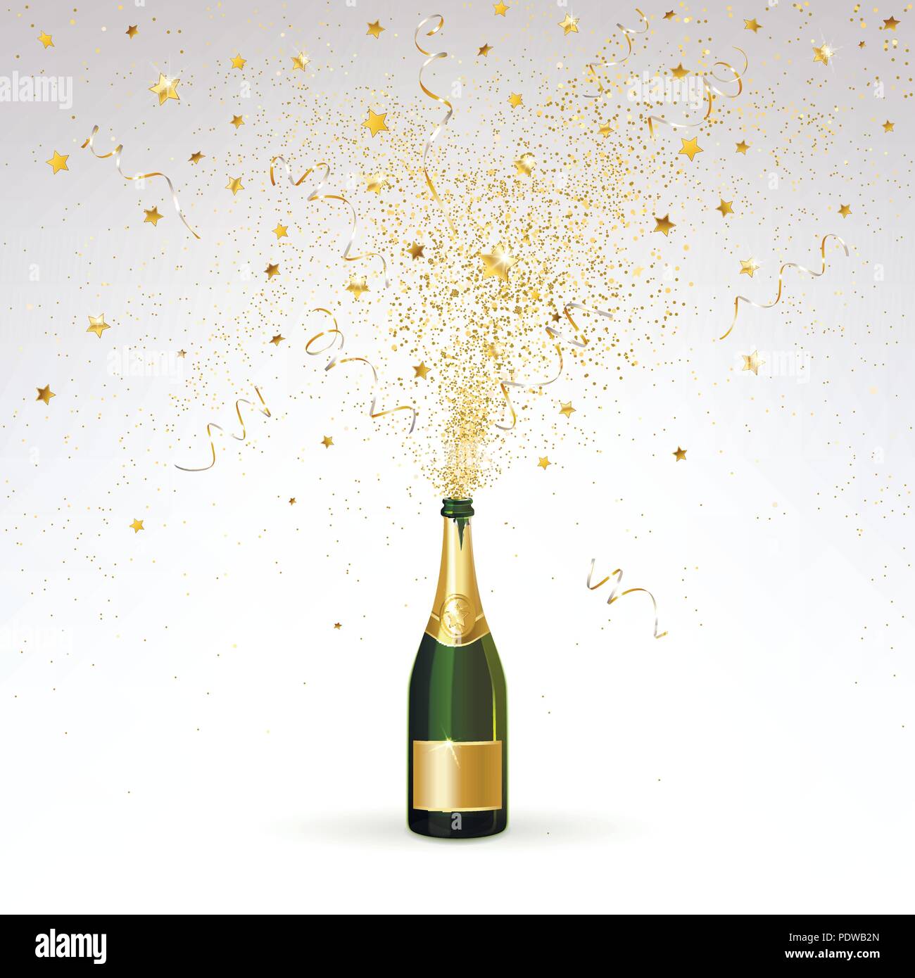Champagne spruzzi di coriandoli oro su sfondo chiaro Illustrazione Vettoriale