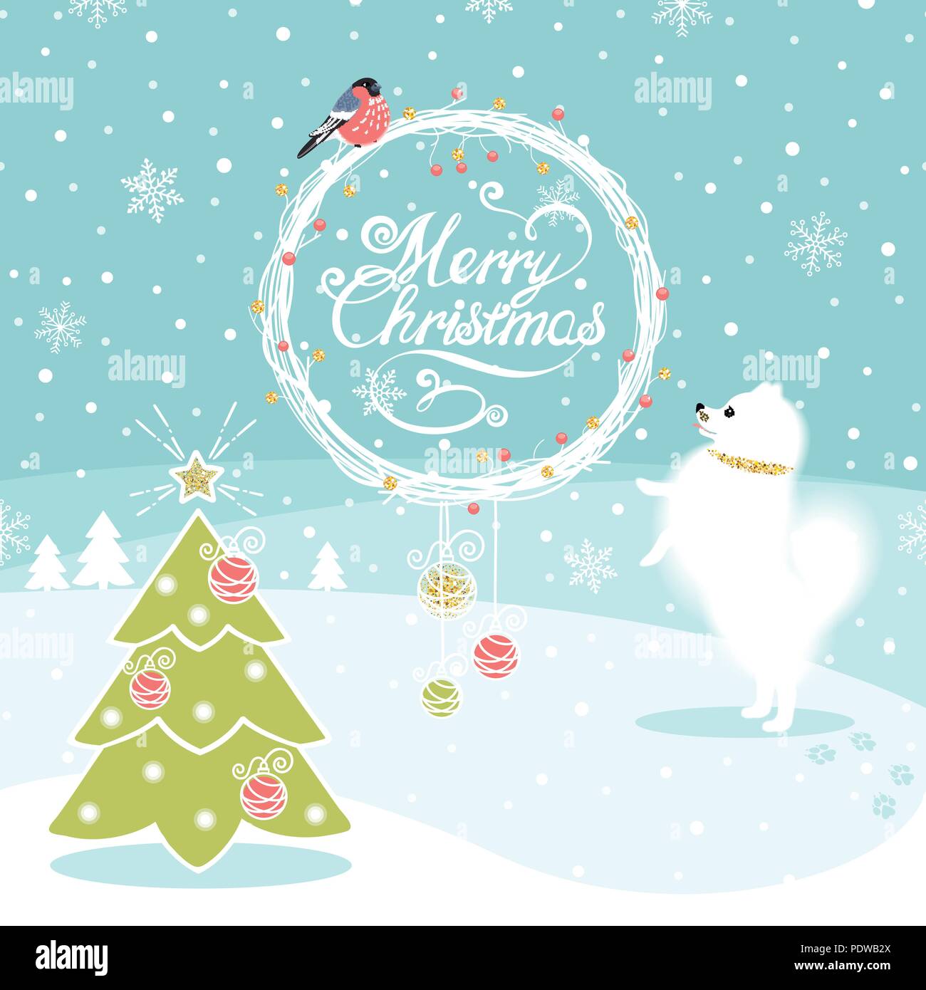 Sfondo di natale con il cane e bullfinch e albero di Natale Illustrazione Vettoriale