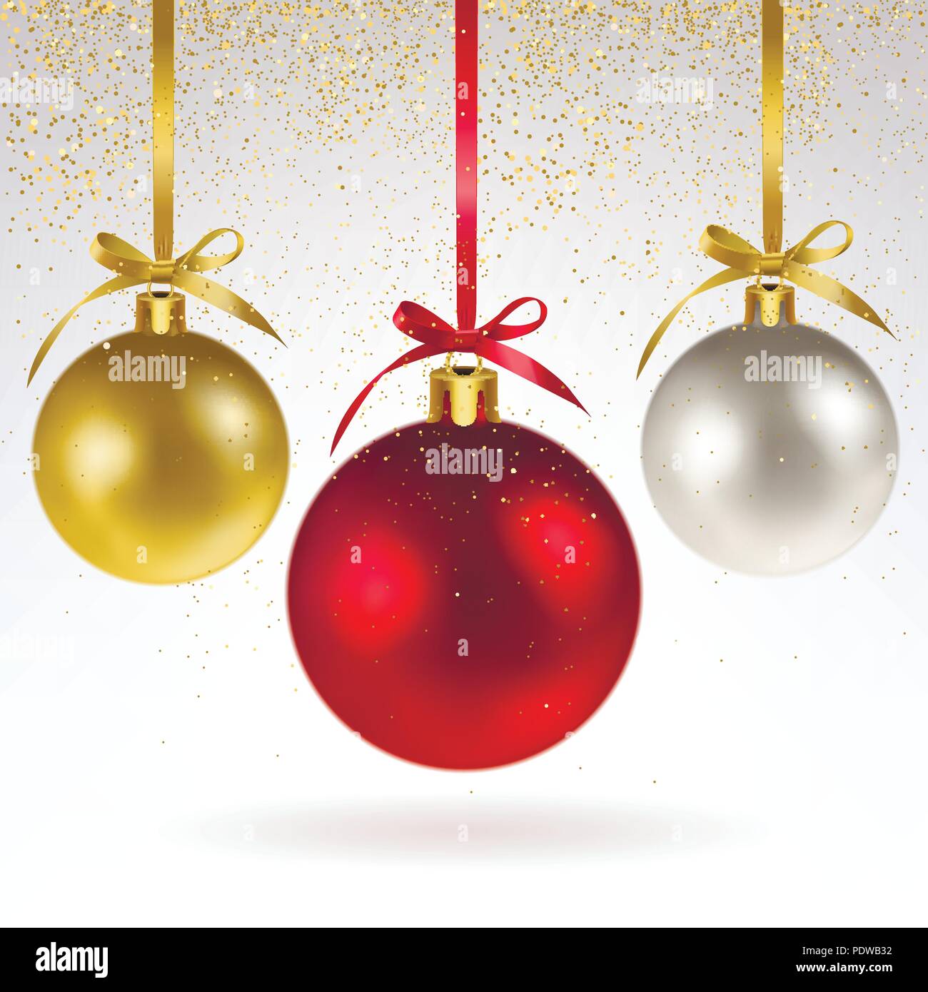Le palle di Natale e coriandoli di oro brilla su uno sfondo luminoso Illustrazione Vettoriale