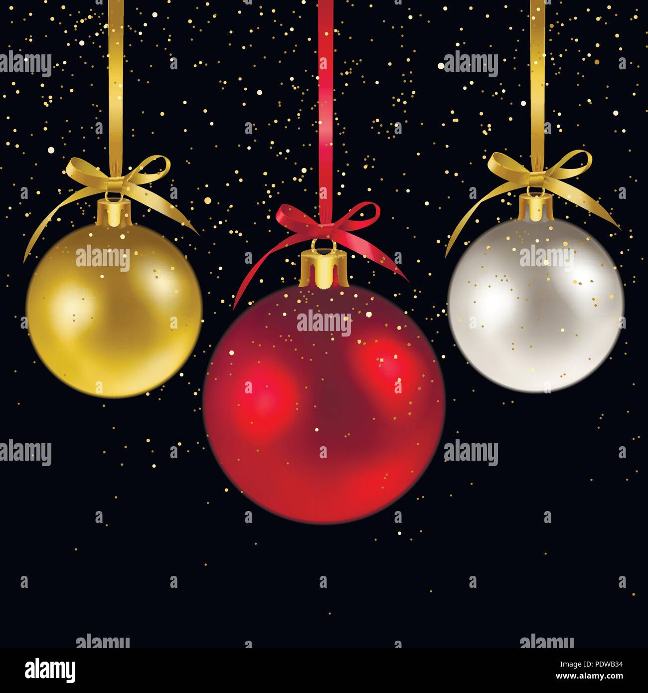 Le palle di Natale e coriandoli di oro brilla su sfondo nero Illustrazione Vettoriale