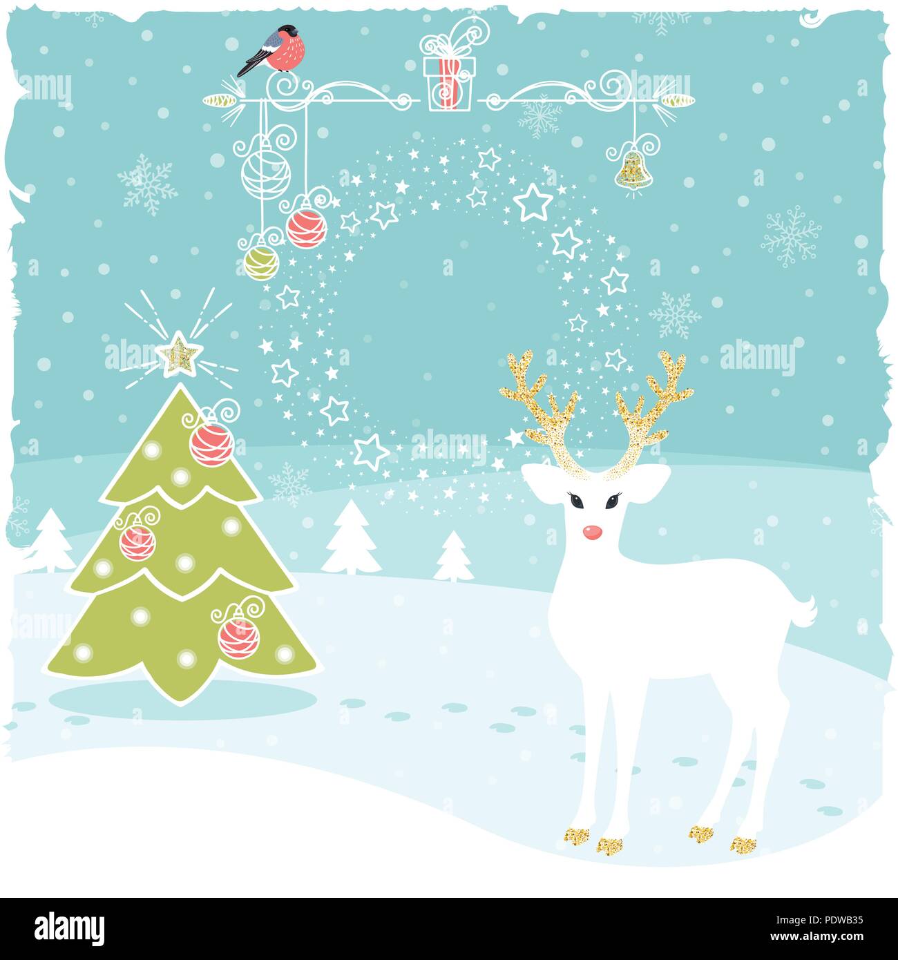 Natale biglietto di auguri con fata cervi e albero di natale Illustrazione Vettoriale