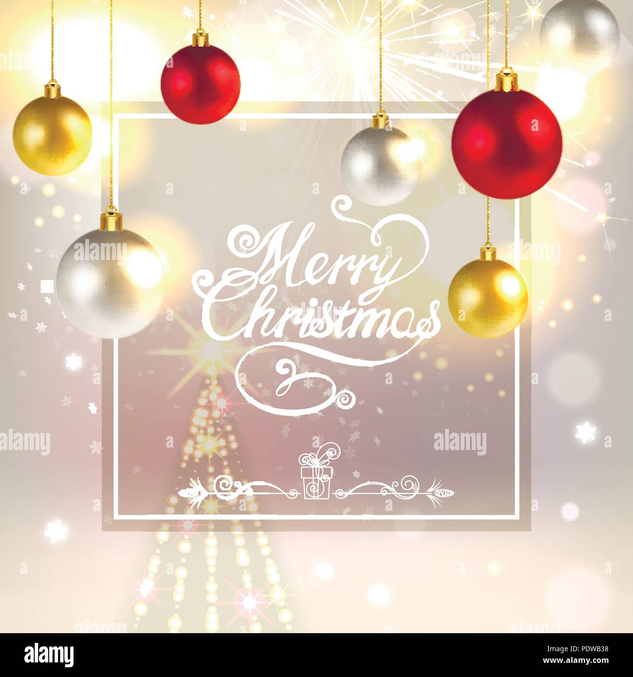 Natale biglietto di auguri con decorazioni natalizie, fuochi d'artificio e abete rosso Illustrazione Vettoriale