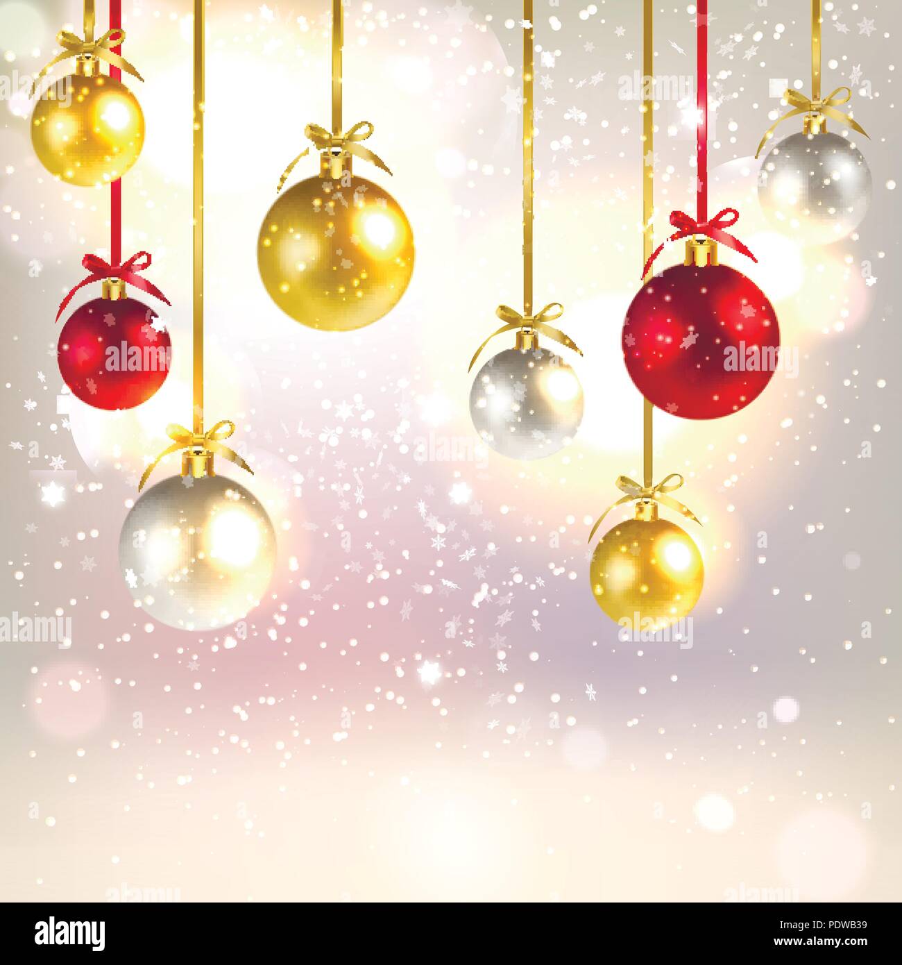 Auguri di Natale sfondo con brillanti palle di Natale e la caduta di fiocchi di neve Illustrazione Vettoriale