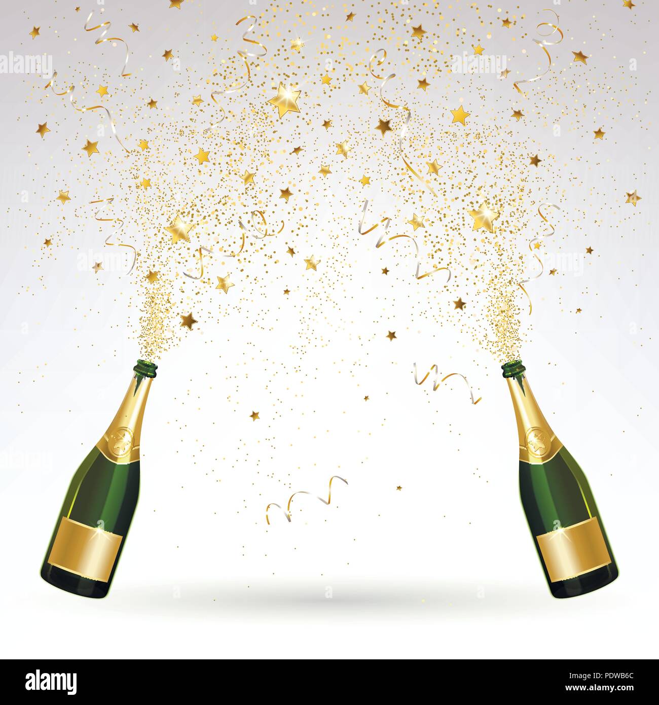 Biglietto di auguri con champagne e coriandoli oro salute su uno sfondo luminoso Illustrazione Vettoriale