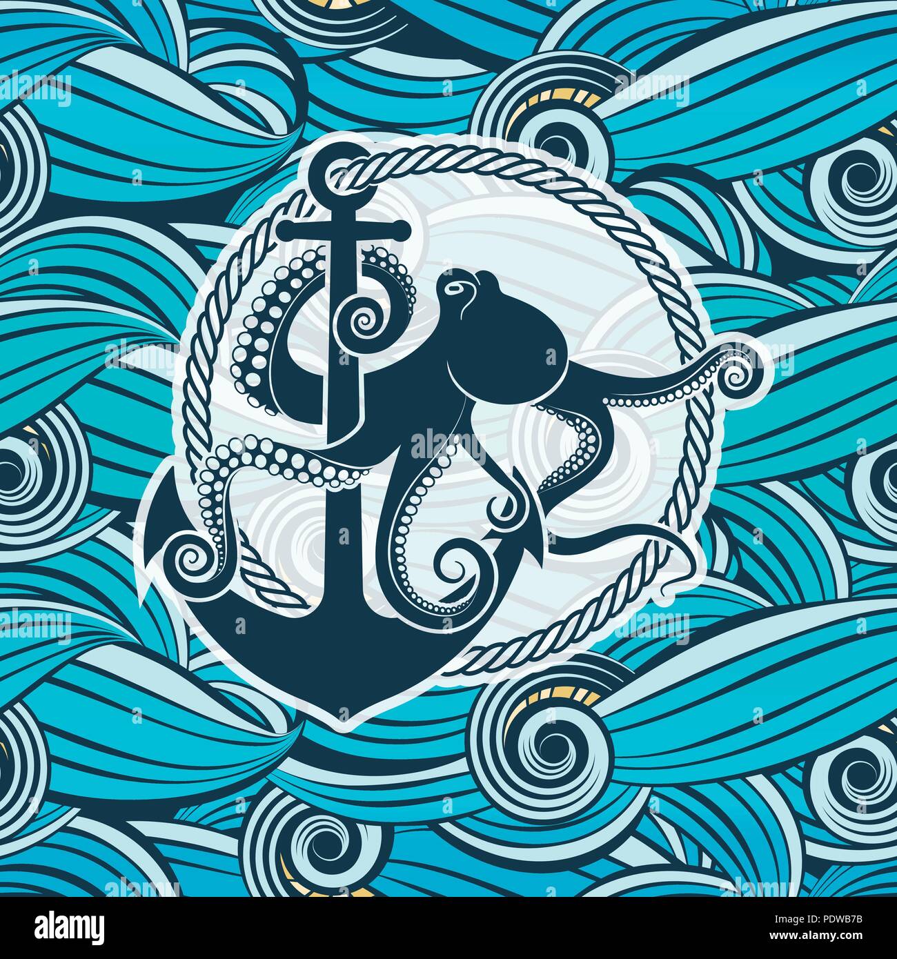 Simbolo del polpo contro lo sfondo di stilizzata onde del mare Illustrazione Vettoriale