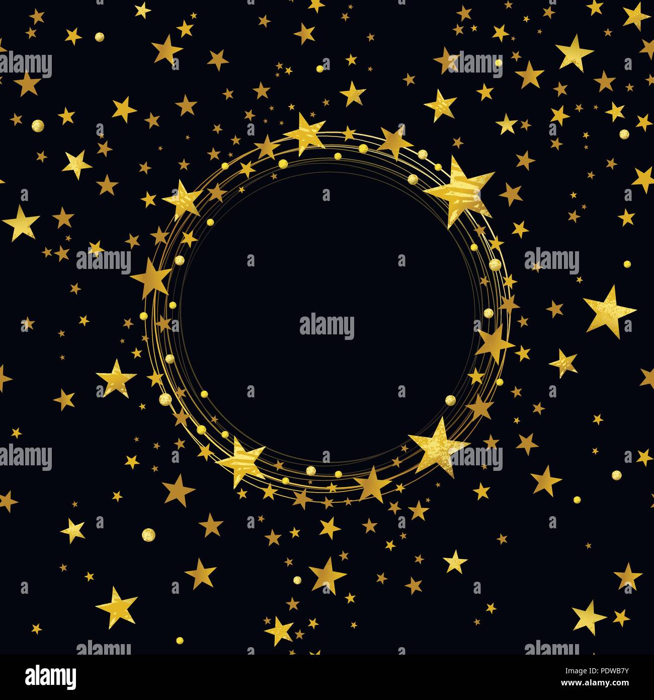 Round banner decorativi di stelle dorate su sfondo nero Illustrazione Vettoriale