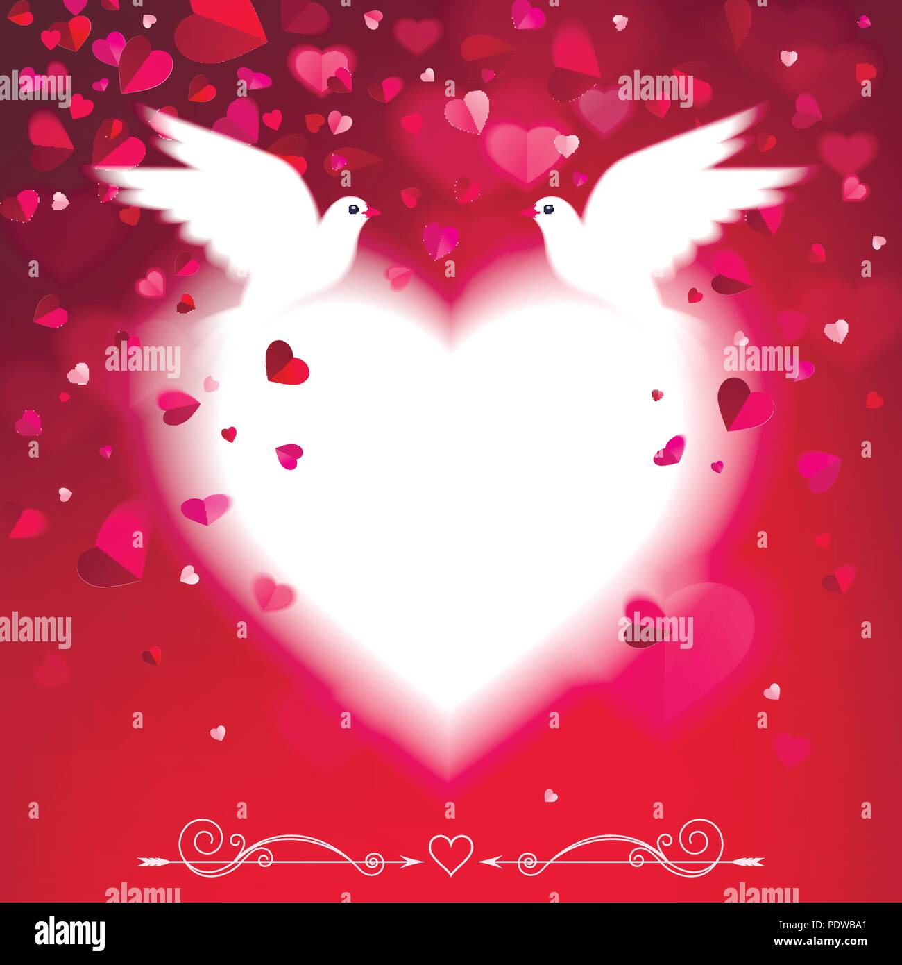 Il giorno di San Valentino biglietto di auguri con le colombe e cuori Illustrazione Vettoriale