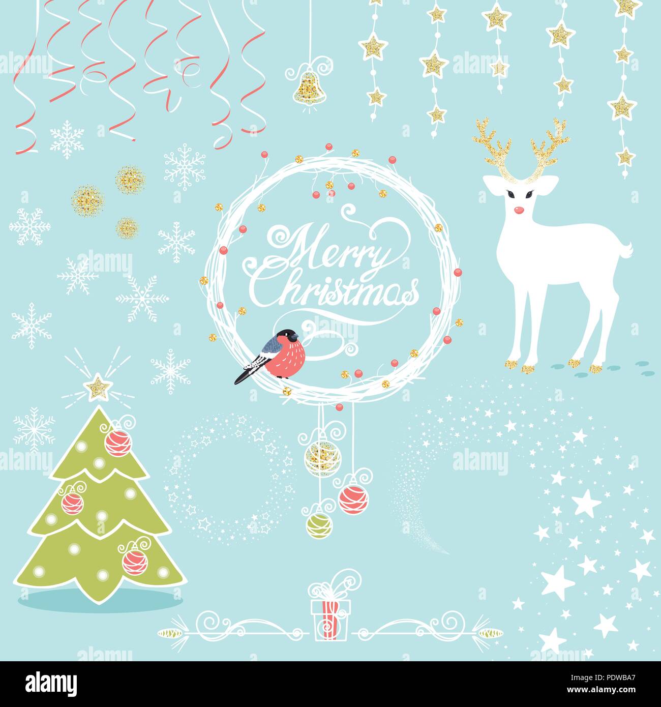 Set di vettore di Natale di elementi decorativi con un cervo, bullfinch e un albero di Natale Illustrazione Vettoriale