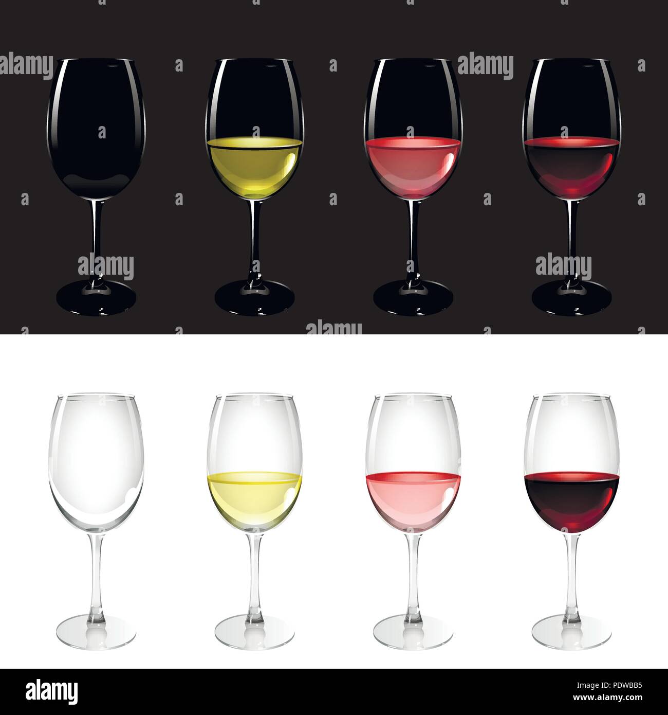 Wineglass con bianco, rosa e vino rosso su nero e sfondo bianco Illustrazione Vettoriale