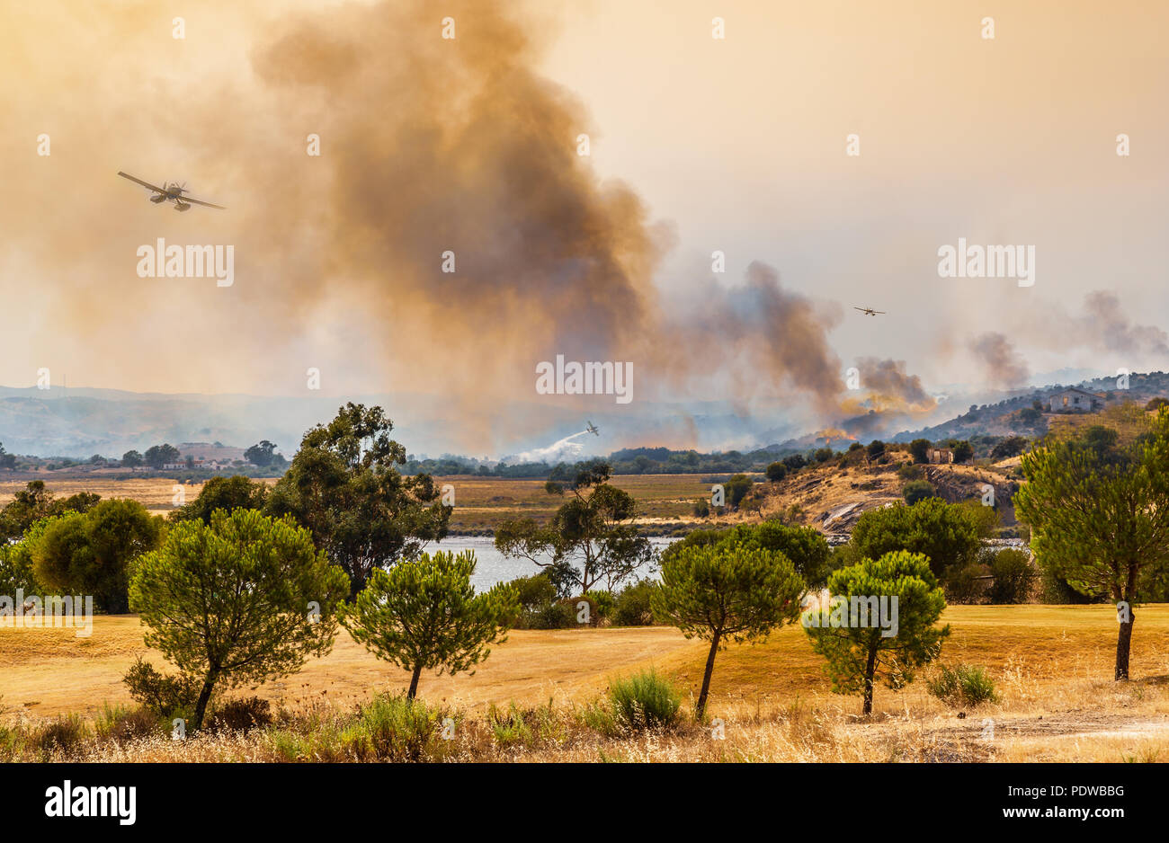 Acqua aerei bombardieri affrontare un incendio lungo il lato di un fiume. Ci sono un sacco di fumo e di fiamme alcune con tre piano per la lotta antincendio il wildfire Foto Stock