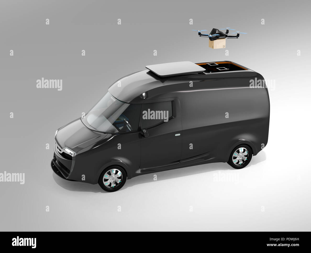 Consegna drone decollo da nero di erogazione elettrica van su sfondo per studio. Il rendering 3D'immagine. Foto Stock