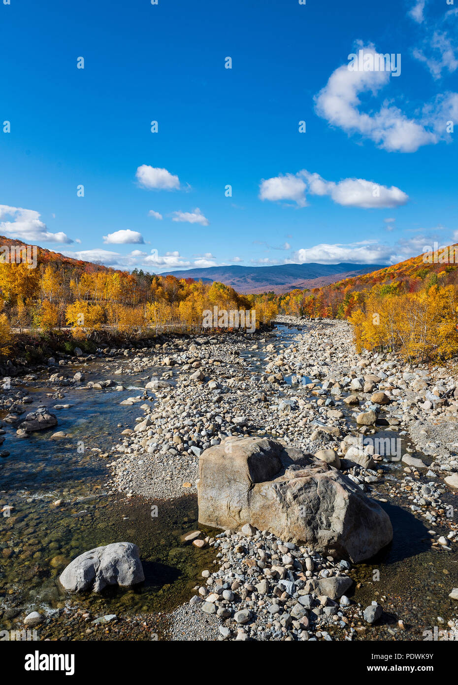 Il fogliame di autunno e il fiume Pemigewasset, Lincoln, New Hampshire, Stati Uniti d'America. Foto Stock