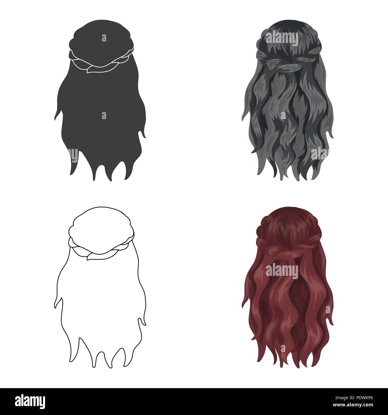 Dark, capelli sciolti dietro.Torna acconciatura unica icona in stile cartoon simbolo vettore illustrazione stock . Illustrazione Vettoriale