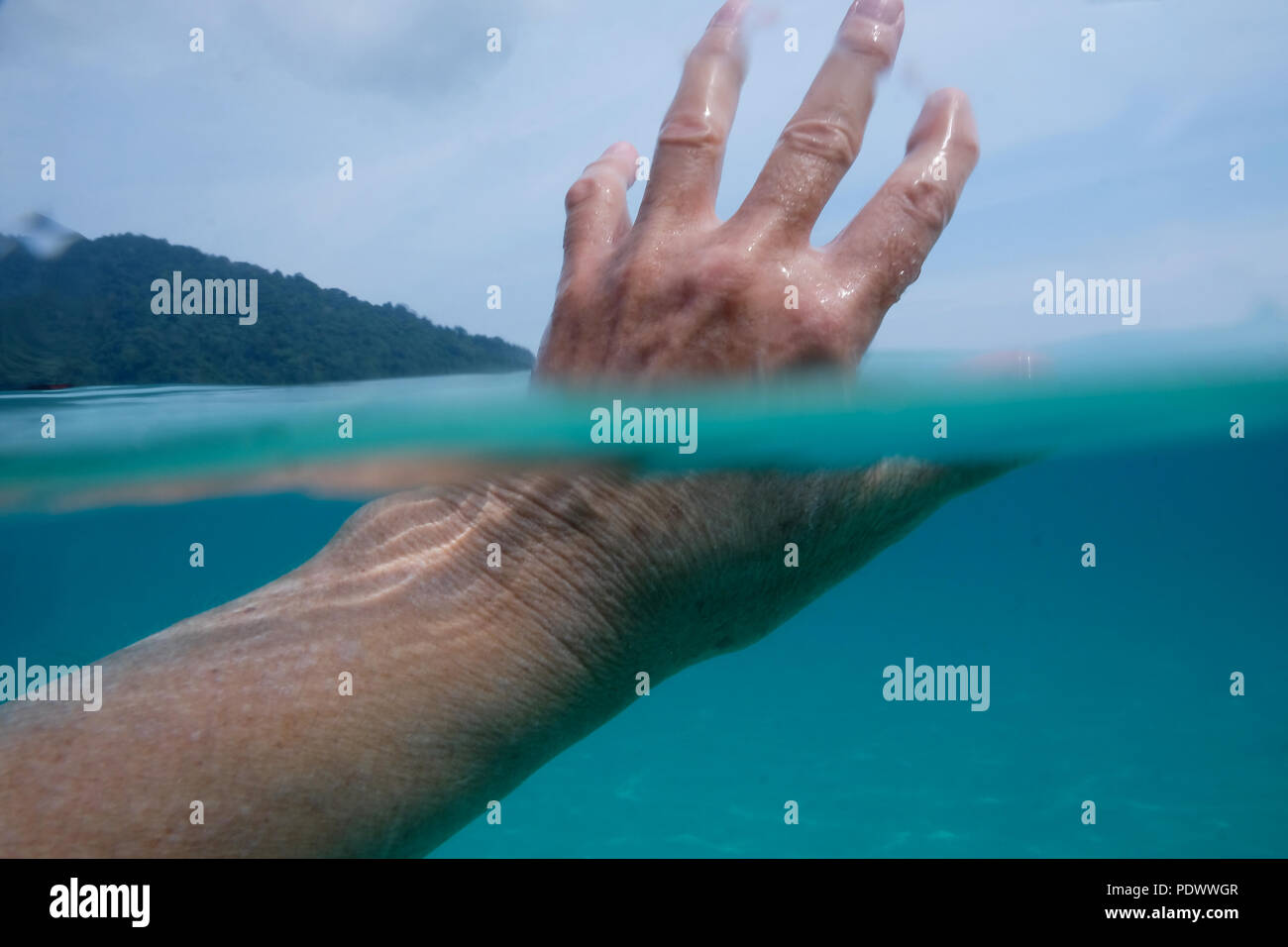 A cinquanta anni di donna metà mano sott'acqua in mare e le dita sopra l'acqua dietro è il blu del cielo e il verde degli alberi Foto Stock
