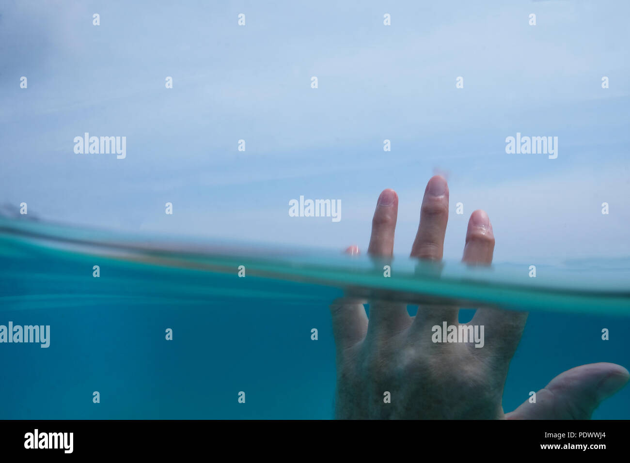 A cinquanta anni di donna metà mano sott'acqua in mare e le dita sopra l'acqua dietro è il blu del cielo e il verde degli alberi Foto Stock