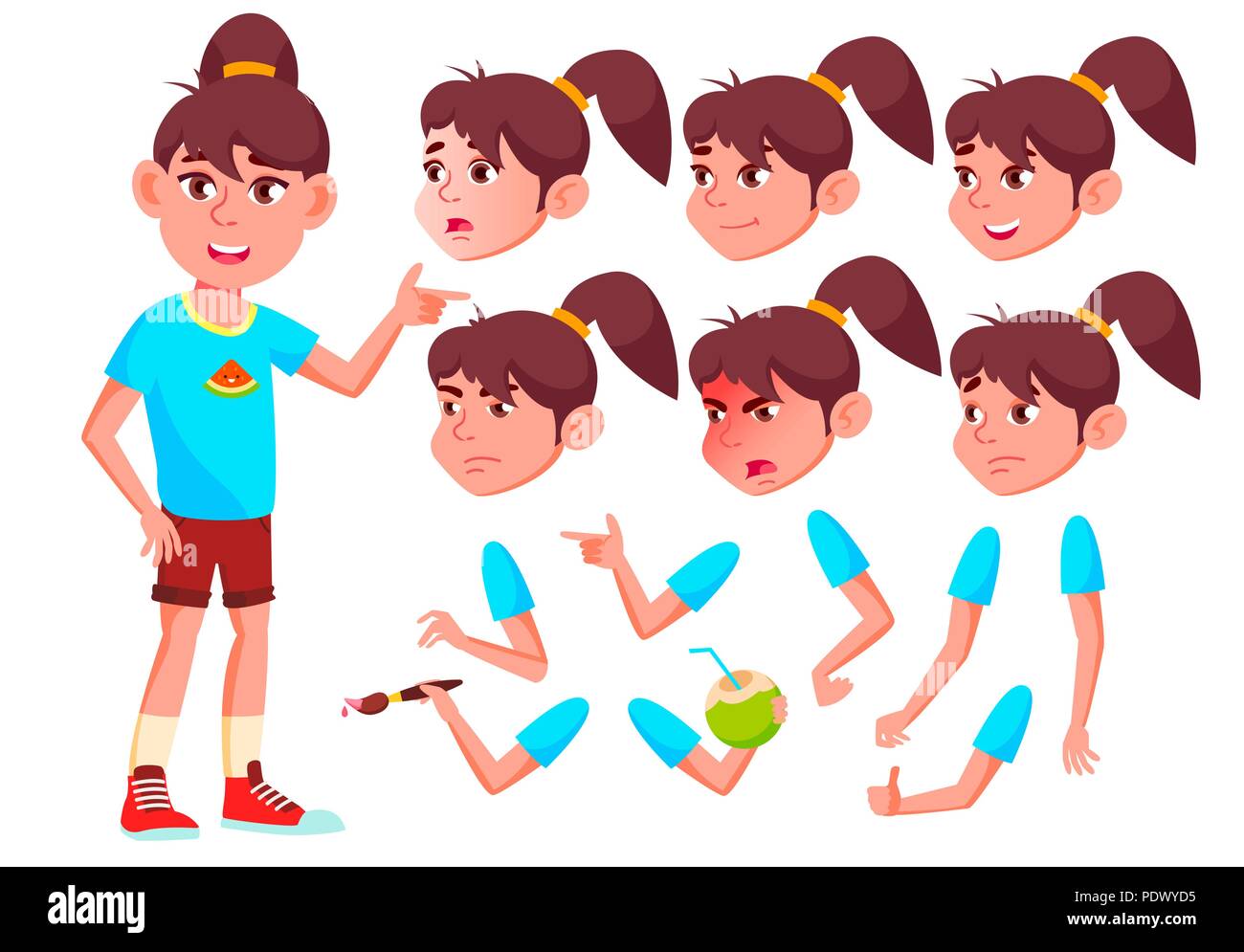 Ragazza, bambino, capretto, Teen vettore. Bella. La gioventù, caucasiche. Affrontare le emozioni, vari gesti. Creazione di animazione Set. Piatto isolato personaggio dei fumetti illustrazione Illustrazione Vettoriale