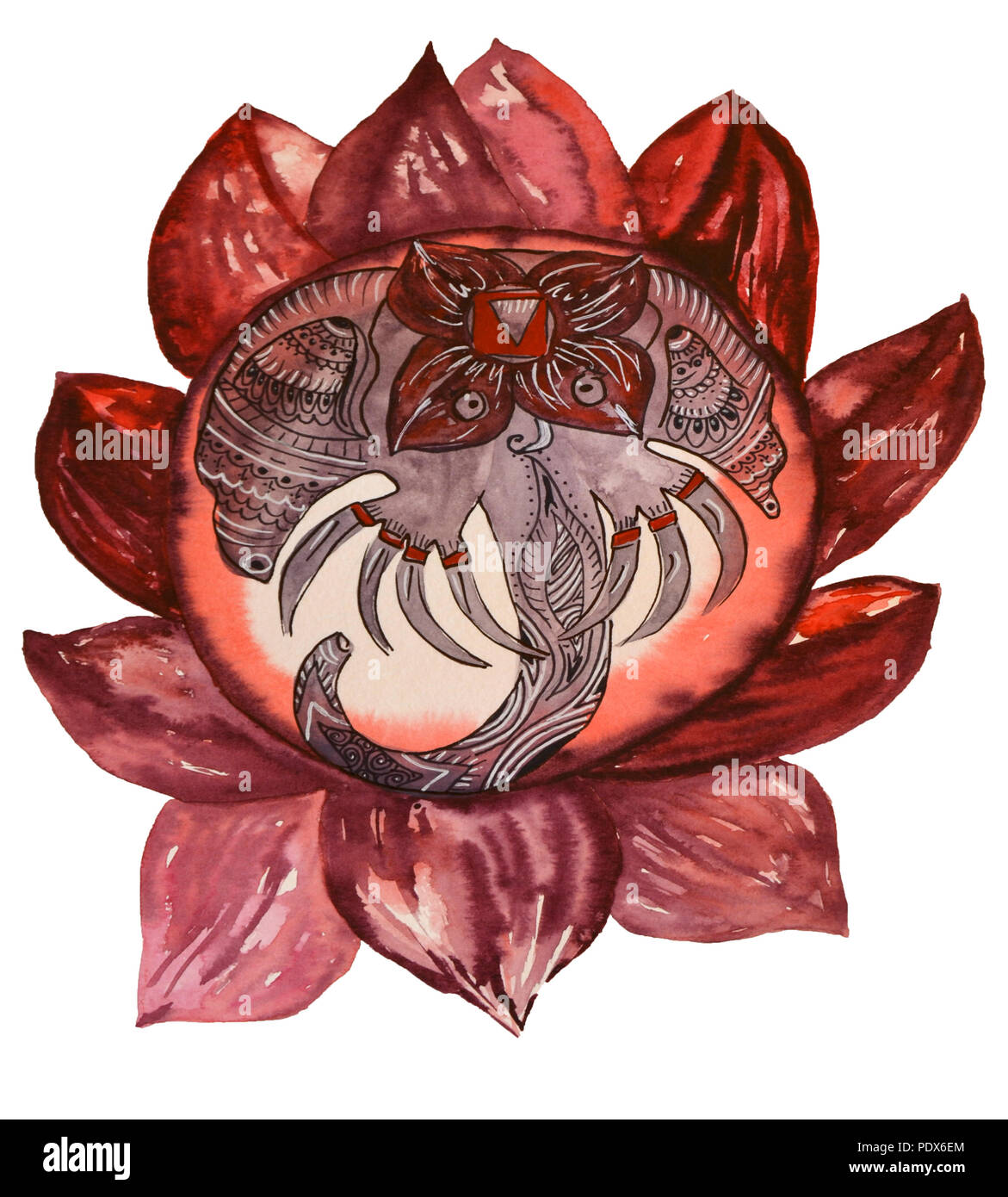 Illustrazione ad acquerello del Muladhara Chakra simbolo con gli spruzzi di vernice ed elefante con sette avorio Foto Stock