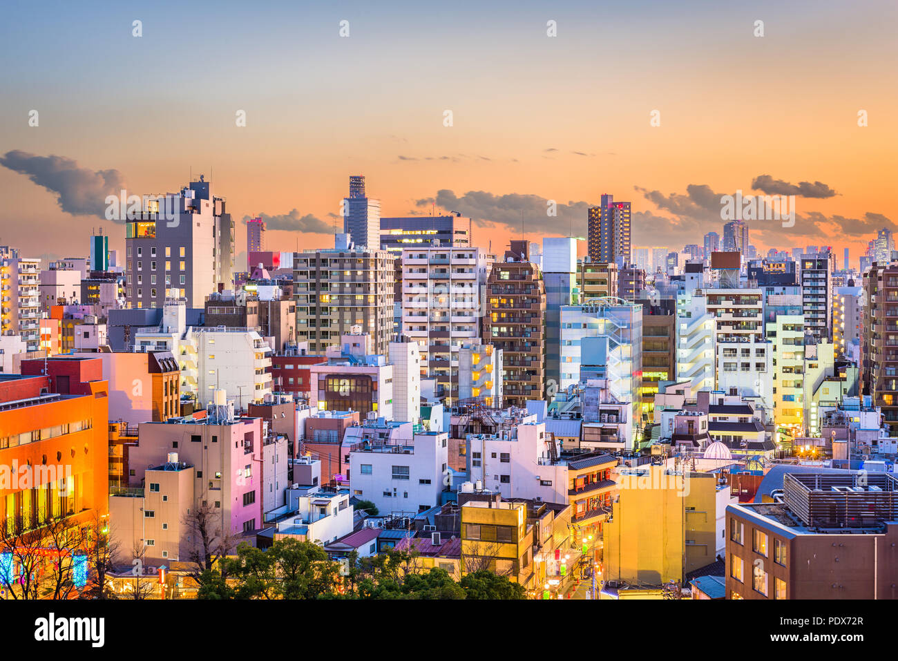 Tokyo, Giappone appartamento edifici e paesaggio in Sumida Ward al crepuscolo. Foto Stock
